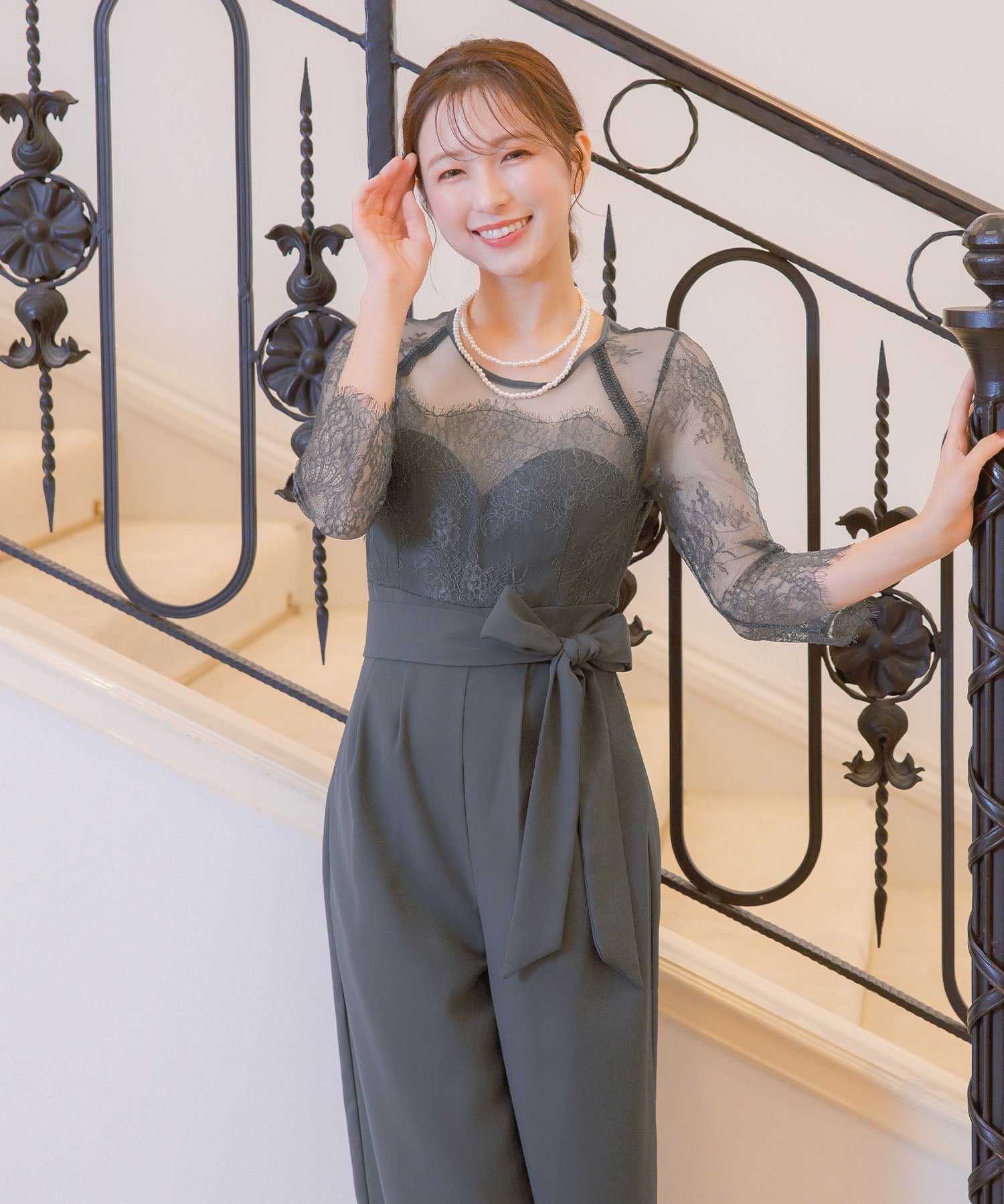 レティカ Retica パンツドレスシアーレース切替ウエストリボンワイドパンツドレス結婚式 パーティードレス (チャコールグレー) チャコールグレー