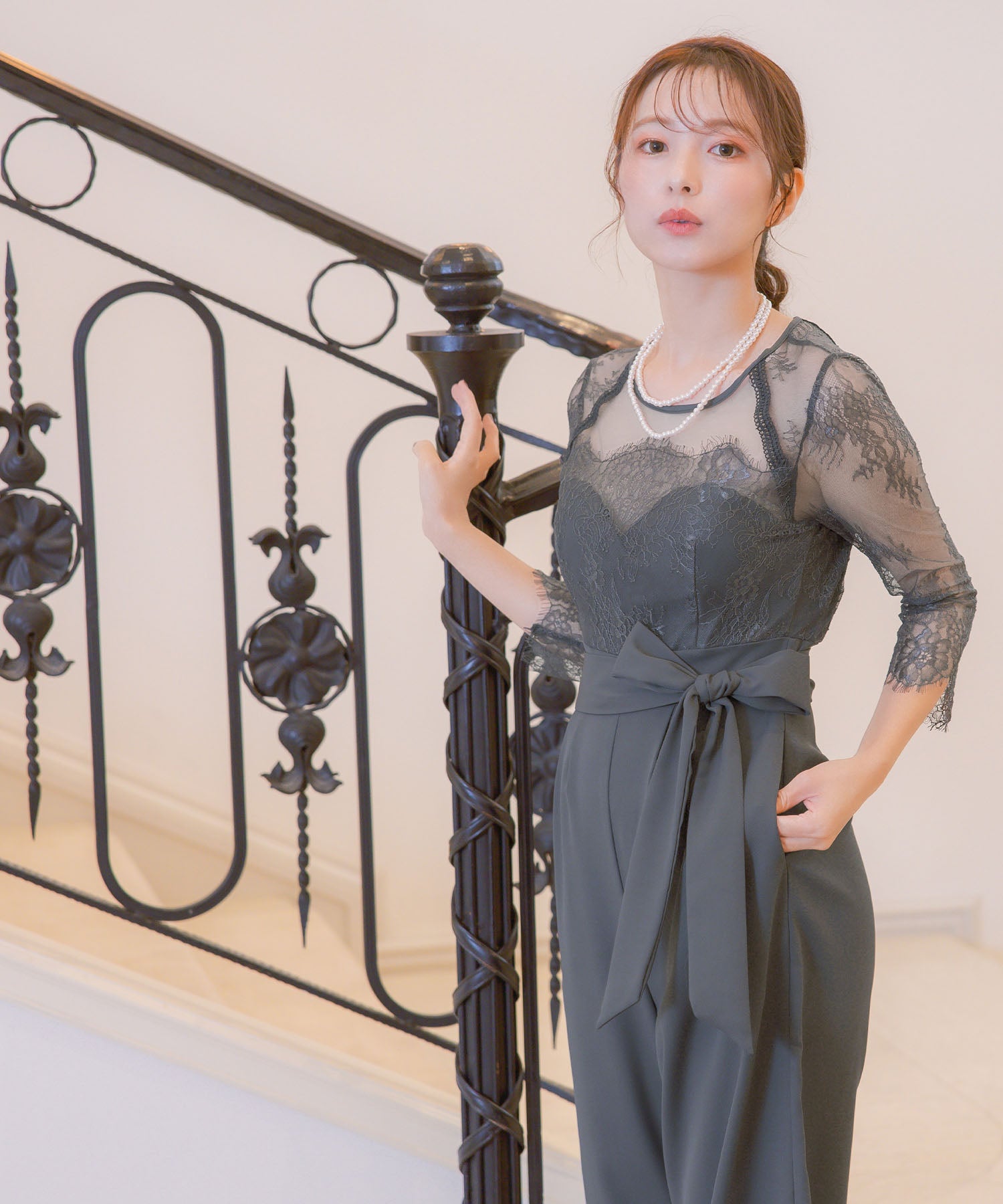 レティカ Retica パンツドレスシアーレース切替ウエストリボンワイドパンツドレス結婚式 パーティードレス (チャコールグレー) チャコールグレー