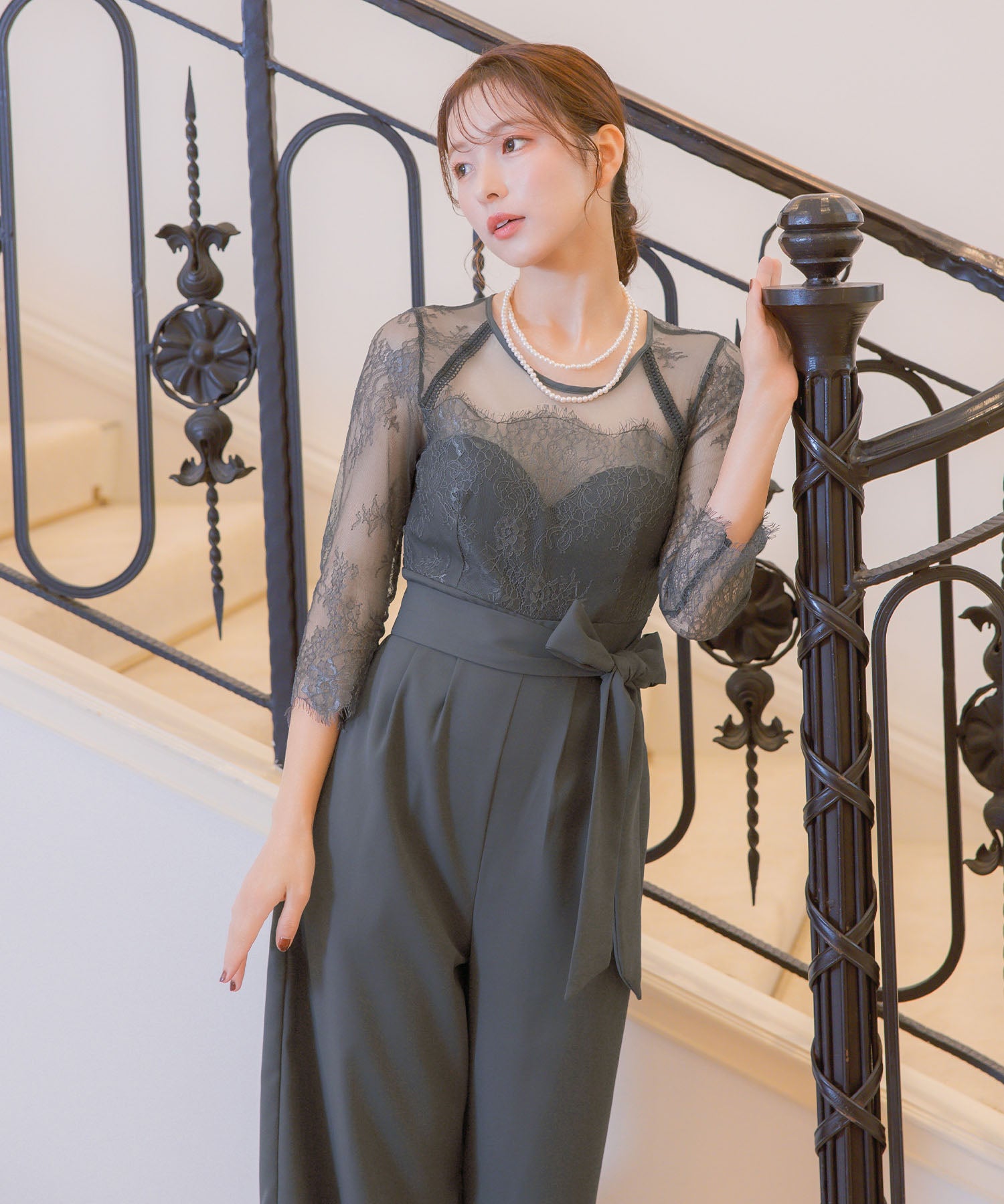 レティカ Retica パンツドレスシアーレース切替ウエストリボンワイドパンツドレス結婚式 パーティードレス (チャコールグレー) チャコールグレー