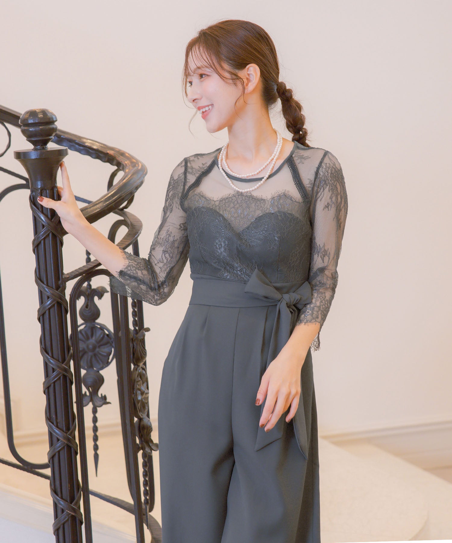 レティカ Retica パンツドレスシアーレース切替ウエストリボンワイドパンツドレス結婚式 パーティードレス (チャコールグレー) チャコールグレー