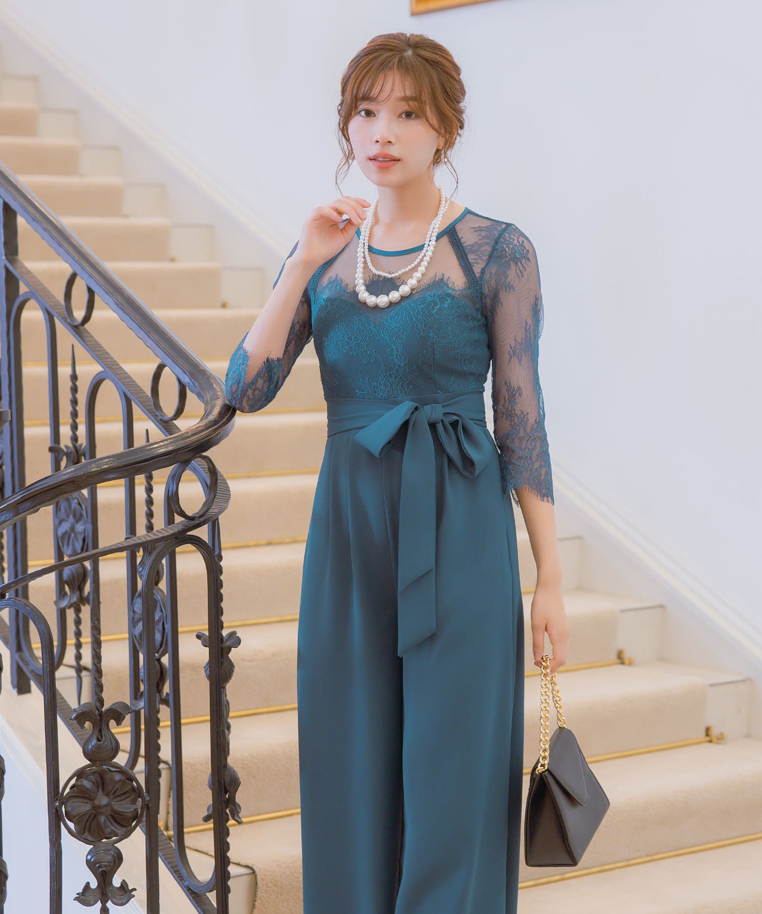 レティカ Retica パンツドレスシアーレース切替ウエストリボンワイドパンツドレス結婚式 パーティードレス (ブルーグリーン) ブルーグリーン