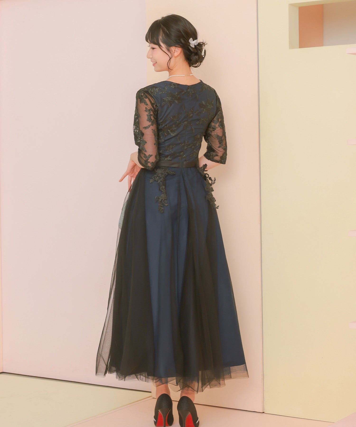 レティカ Retica パーティードレスミモレ丈ドレスフラワー刺繍レース五分袖フレアチュール結婚式 大きいサイズ 30代 お呼ばれ (ブラック×ネイビー) ブラック×ネイビー