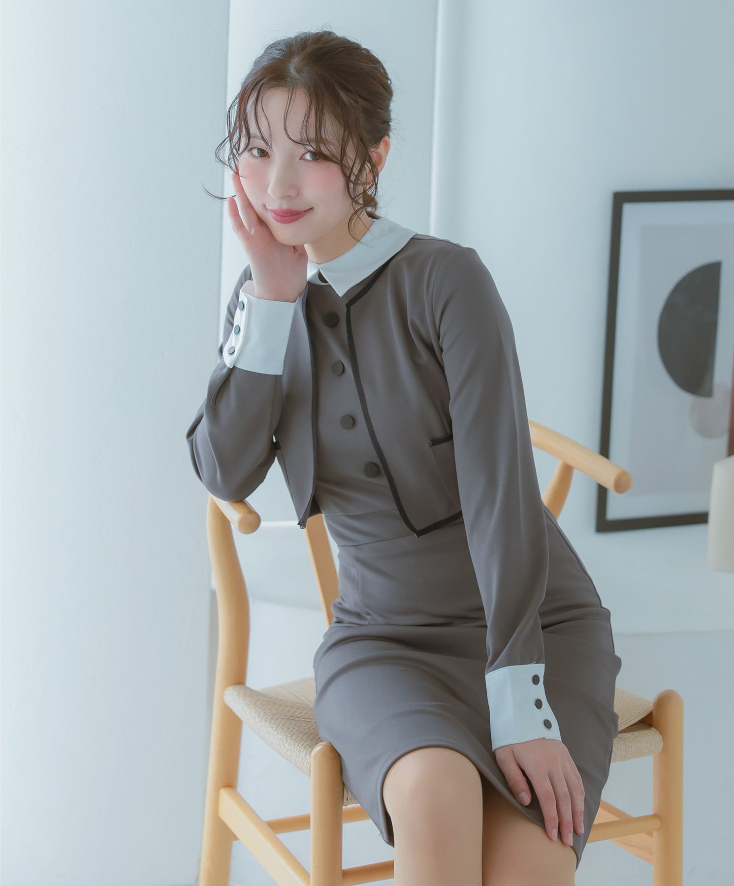 レティカ Retica パーティードレス 二次会 配色襟クラシカルラインワンピース 結婚式 大きいサイズ 30代 お呼ばれ (チャコールグレー) チャコールグレー