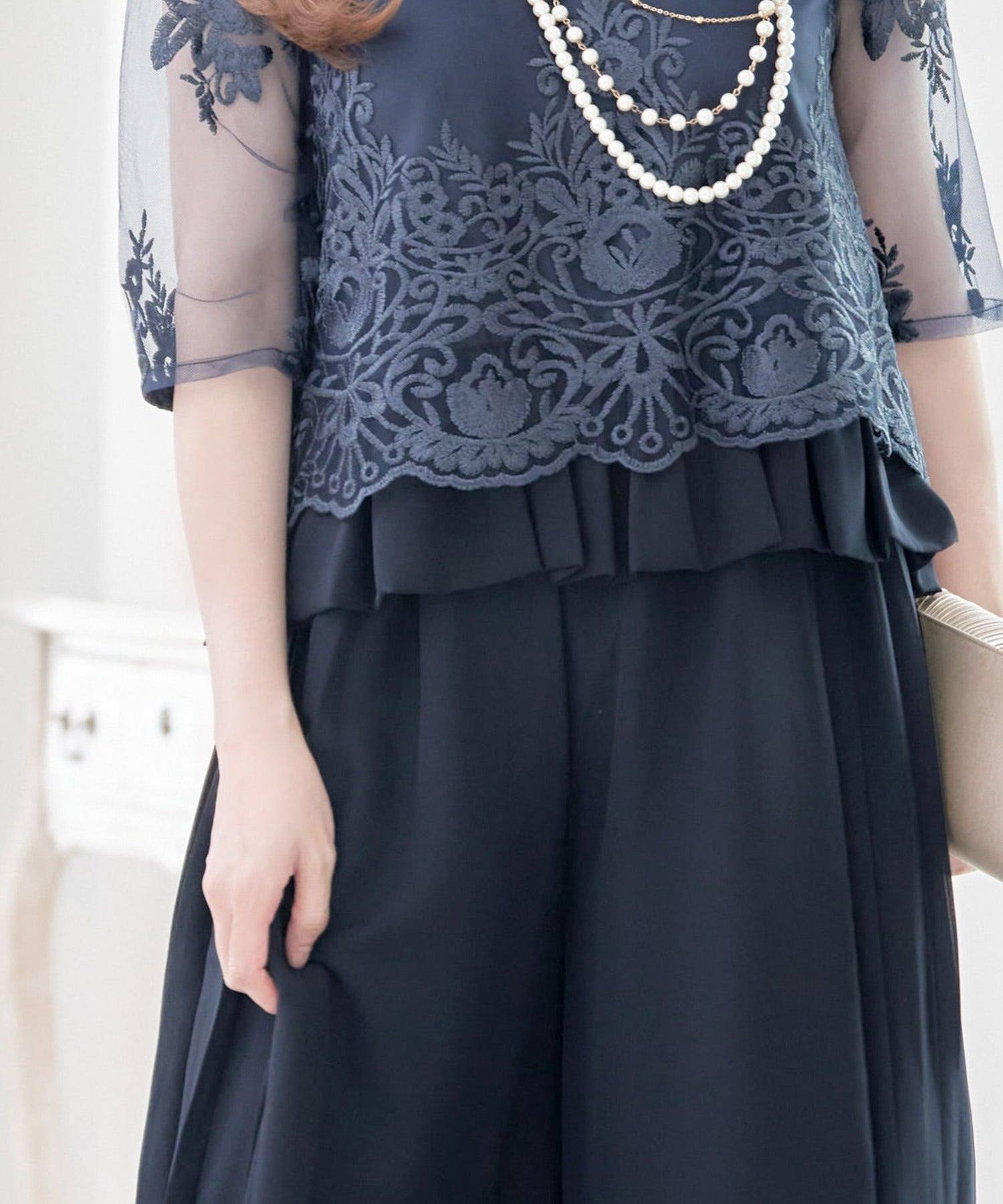 レティカ Retica 刺繍デザイン7分丈袖レースセパレートワイドパンツドレス