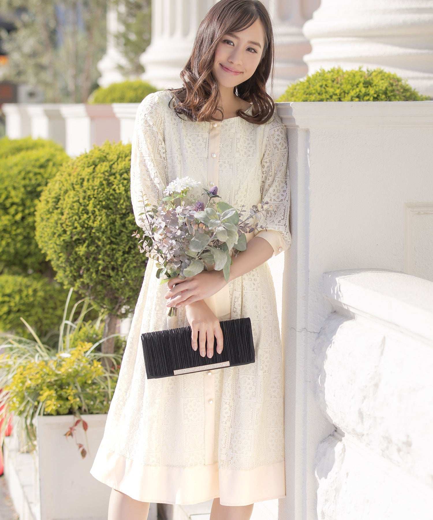 fitted lace wedding dress Retica All-Lace Pearl Bead Button Waist Ribbon Knee-Length Flare Dress Party Dress Plus Size