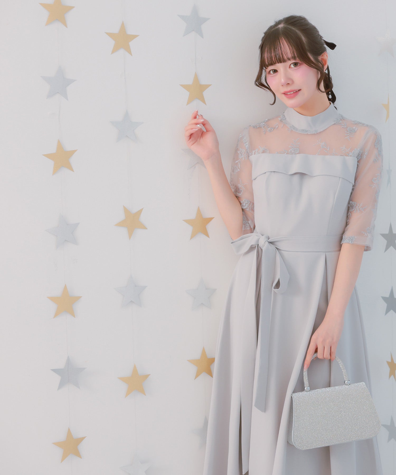 レティカ Retica ビスチェ風切り替えデザインフィッシュテールミモレ丈レーススリーブ結婚式パーティードレス 大きいサイズ(グレー) グレー