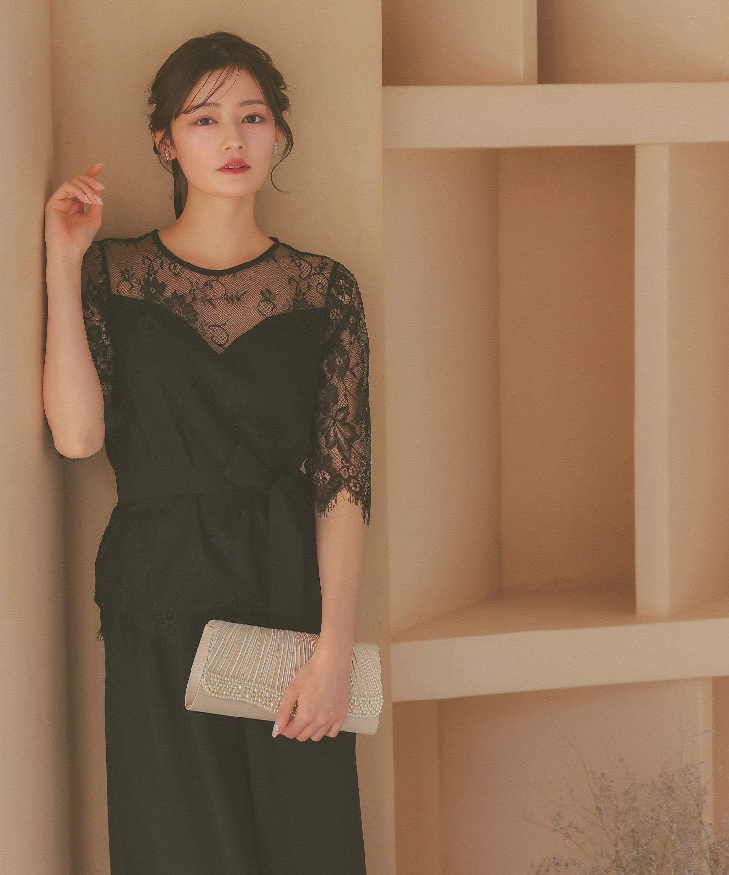 レティカ Retica レーススリーブウエストリボンセットアップパンツパーティードレス 大きいサイズ(ブラック) ブラック