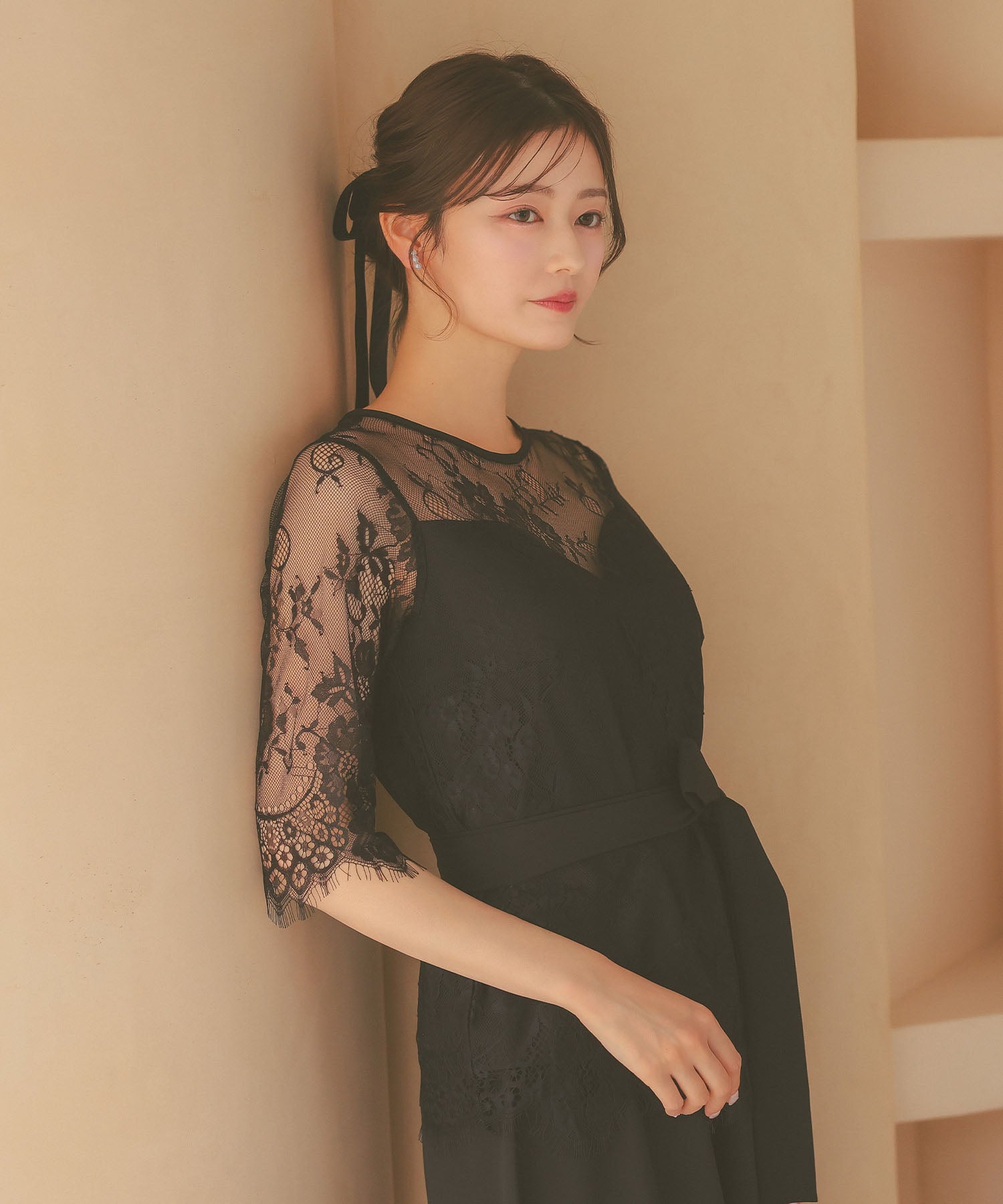 レティカ Retica レーススリーブウエストリボンセットアップパンツパーティードレス 大きいサイズ(ブラック) ブラック