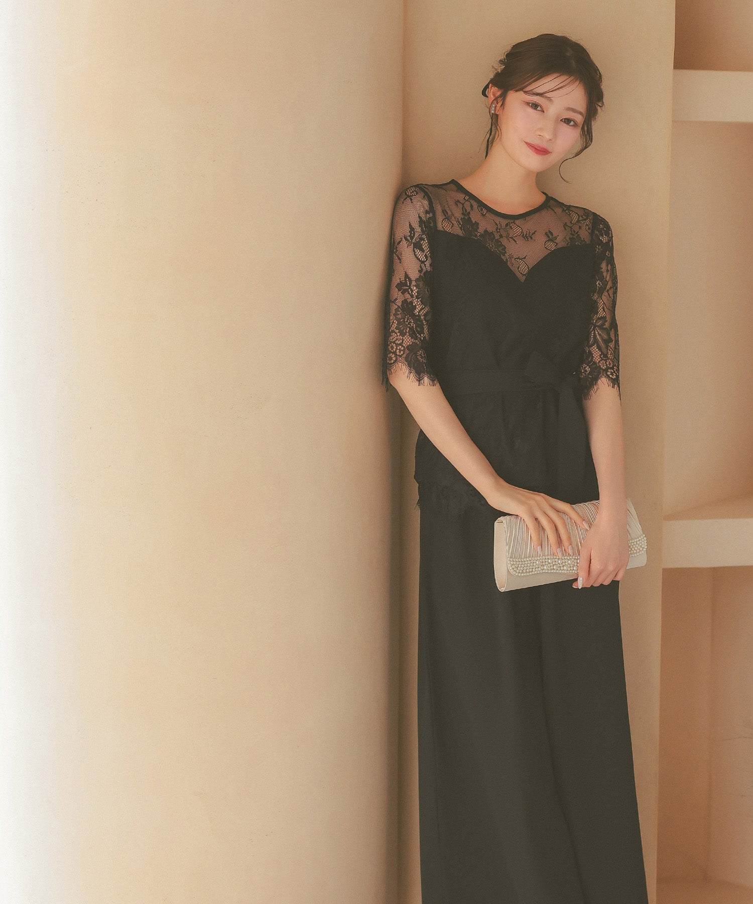 レティカ Retica レーススリーブウエストリボンセットアップパンツパーティードレス 大きいサイズ(ブラック) ブラック