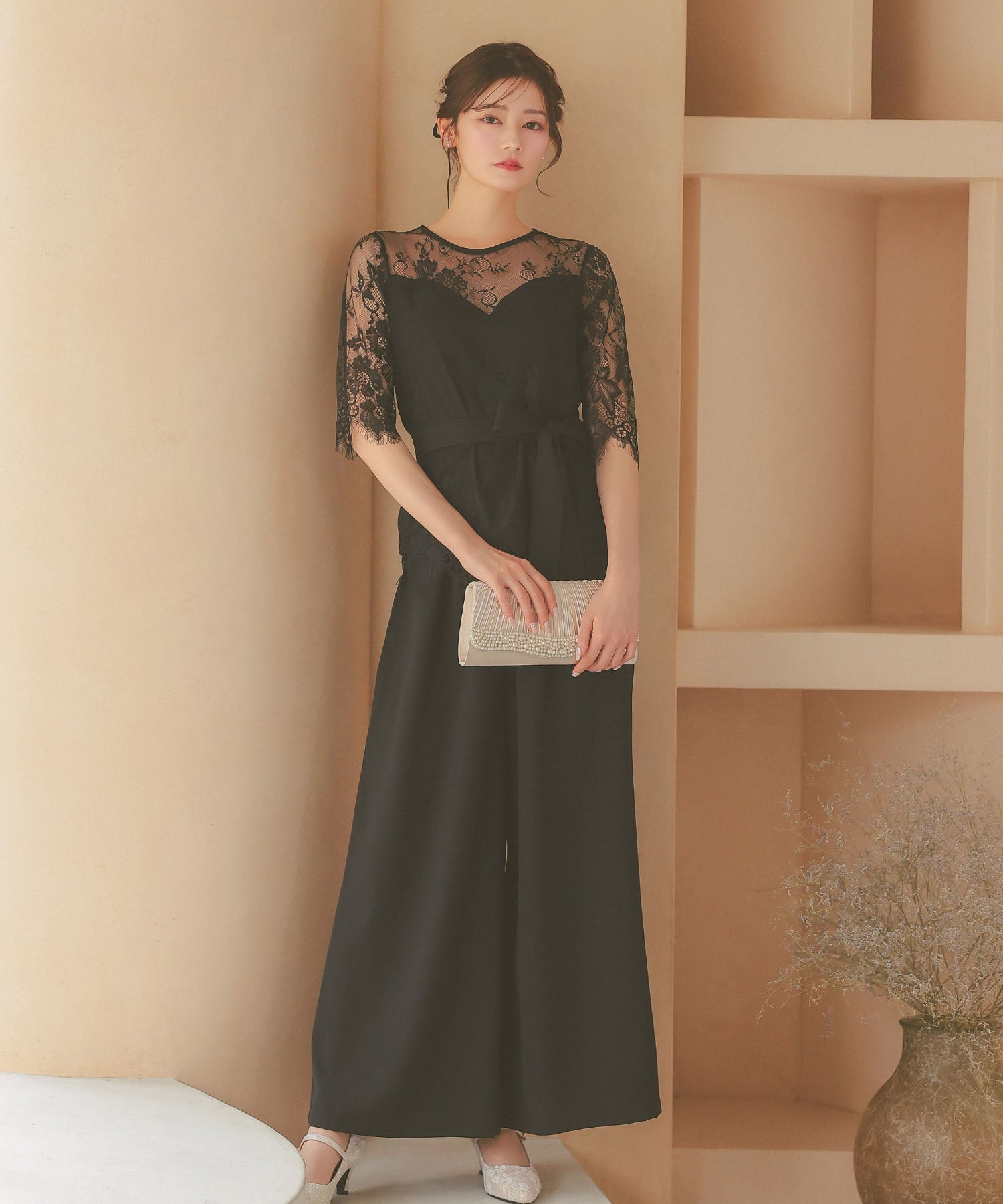 レティカ Retica レーススリーブウエストリボンセットアップパンツパーティードレス 大きいサイズ(ブラック) ブラック