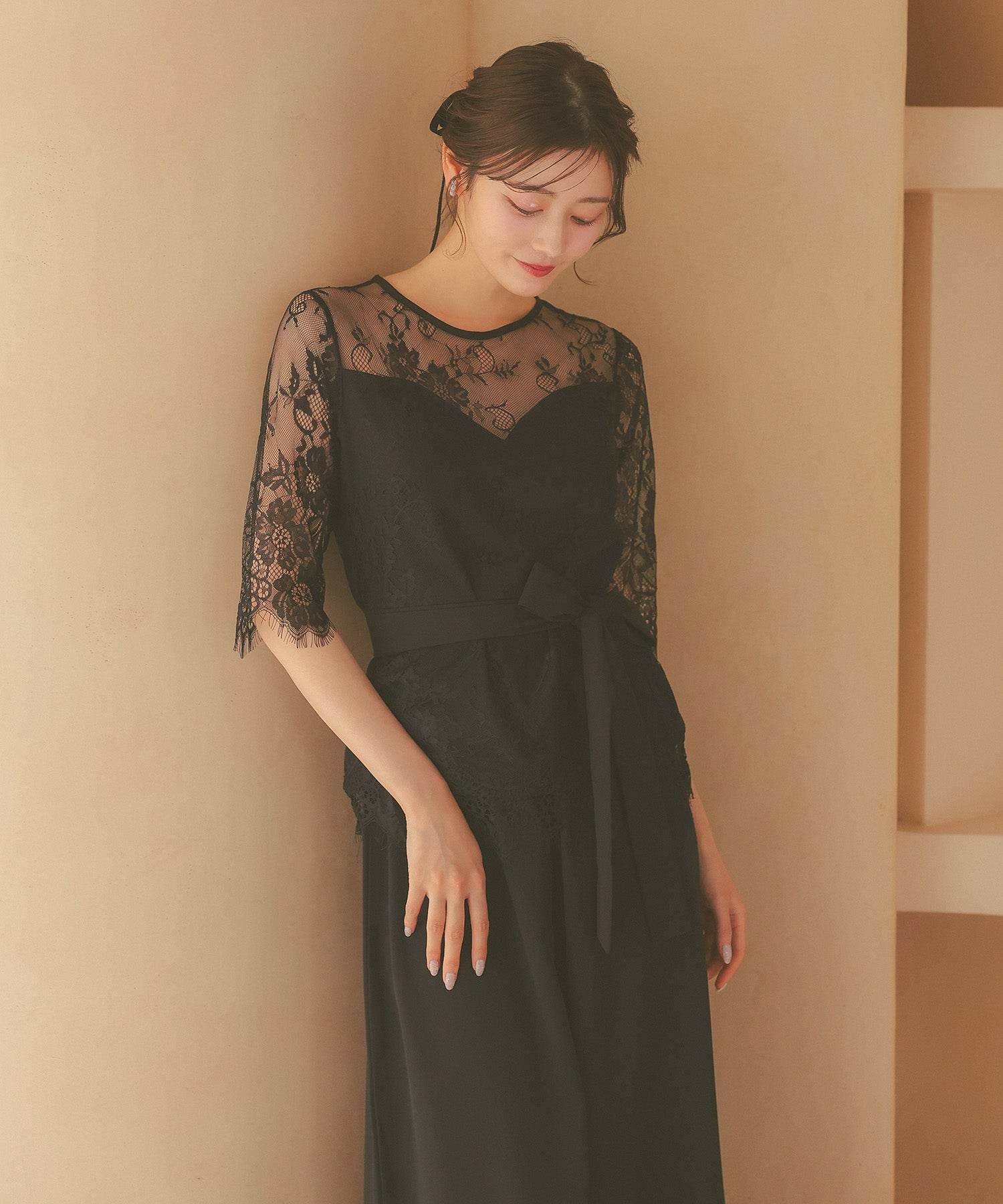 レティカ Retica レーススリーブウエストリボンセットアップパンツパーティードレス 大きいサイズ(ブラック) ブラック