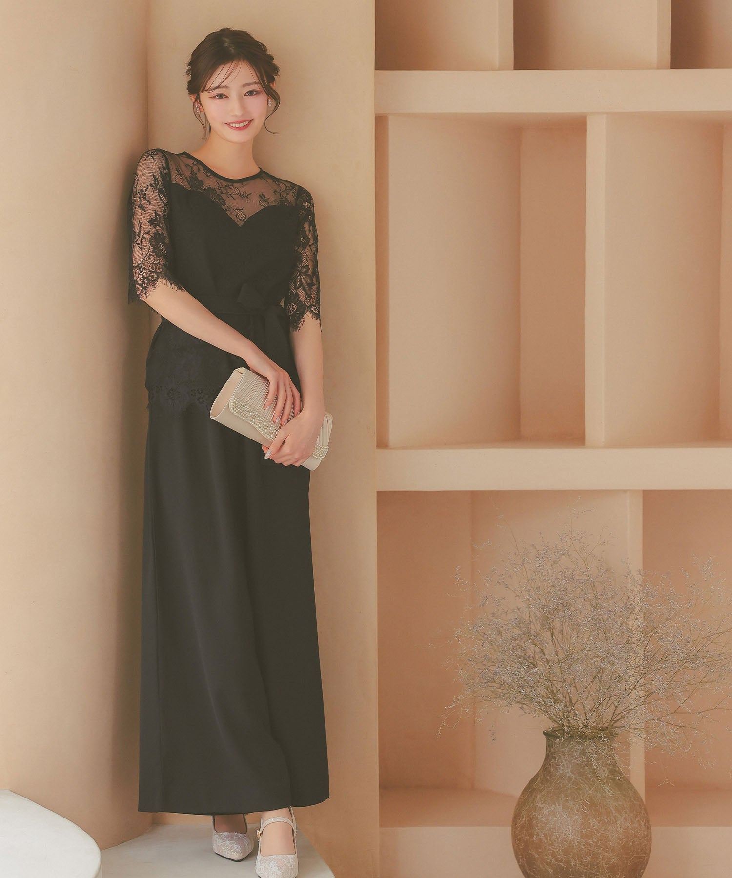 レティカ Retica レーススリーブウエストリボンセットアップパンツパーティードレス 大きいサイズ(ブラック) ブラック