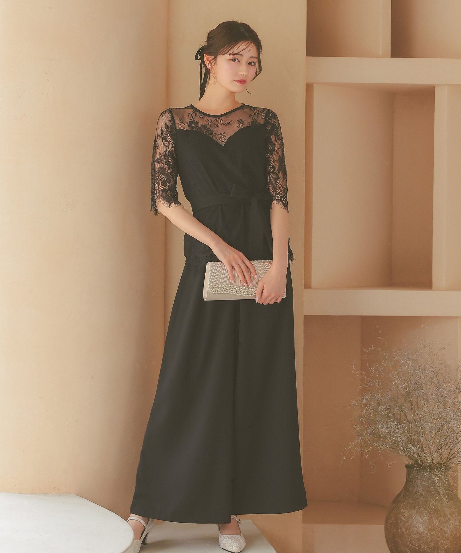 レティカ Retica レーススリーブウエストリボンセットアップパンツパーティードレス 大きいサイズ(ブラック) ブラック