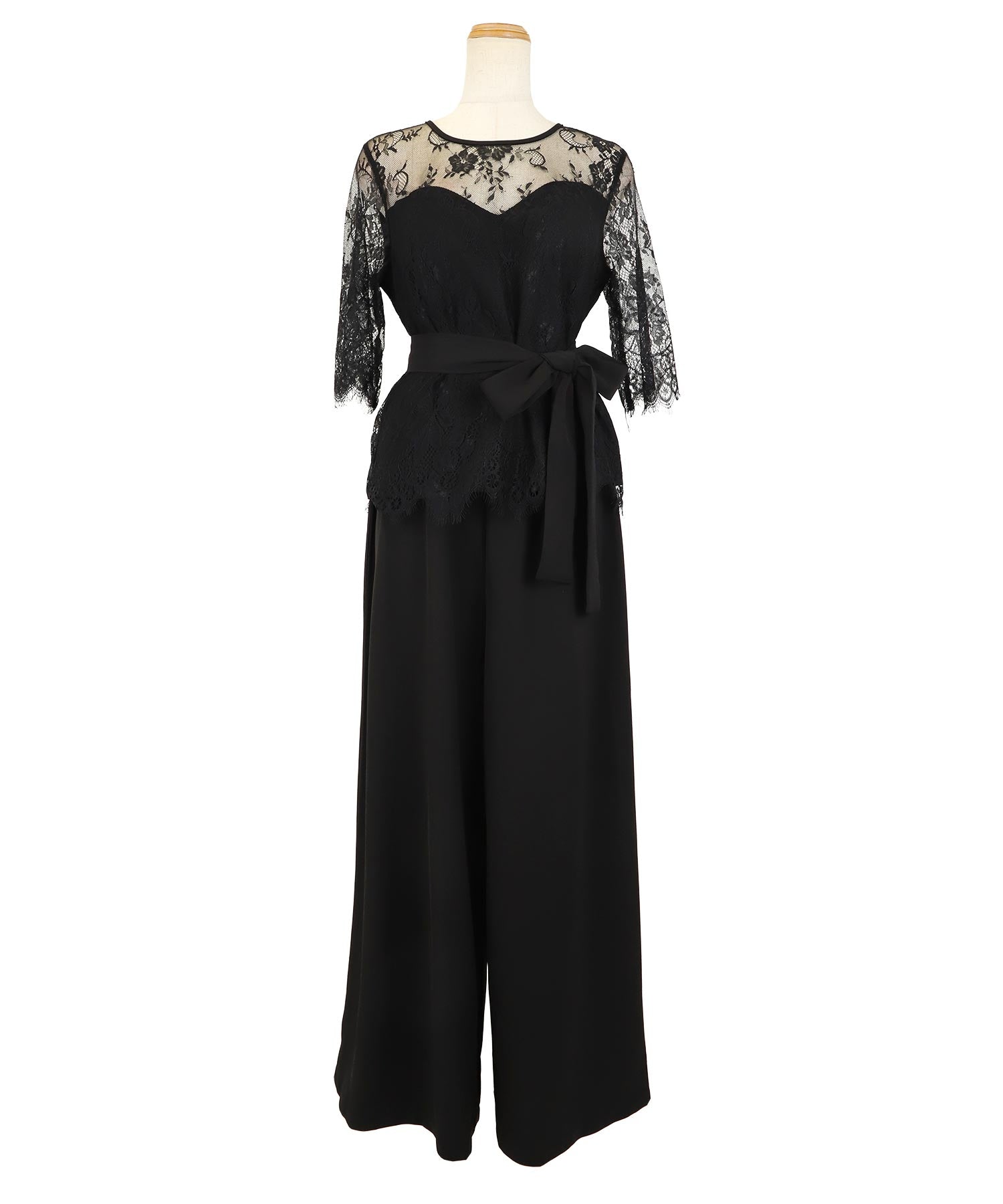 レティカ Retica レーススリーブウエストリボンセットアップパンツパーティードレス 大きいサイズ(ブラック) ブラック