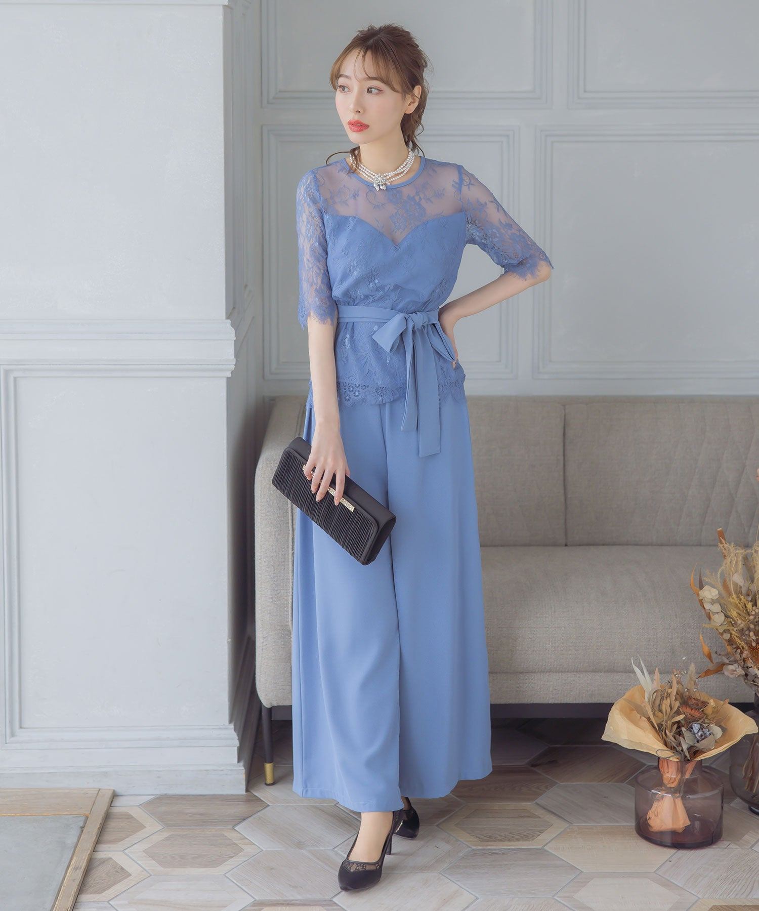 レティカ Retica レーススリーブウエストリボンセットアップパンツパーティードレス 大きいサイズ