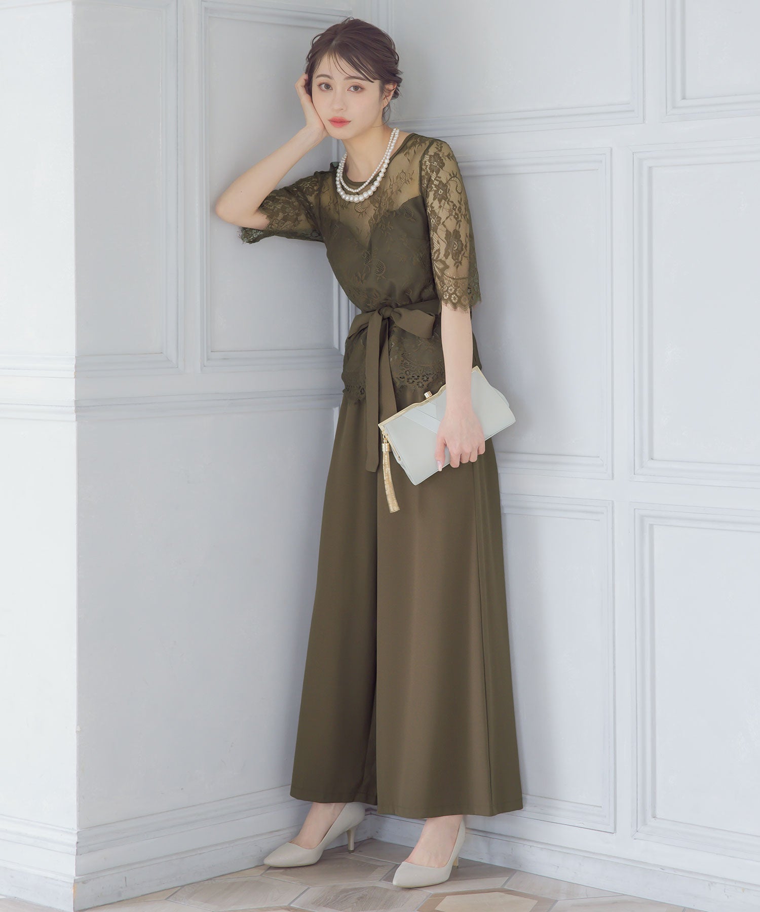 レティカ Retica レーススリーブウエストリボンセットアップパンツパーティードレス 大きいサイズ