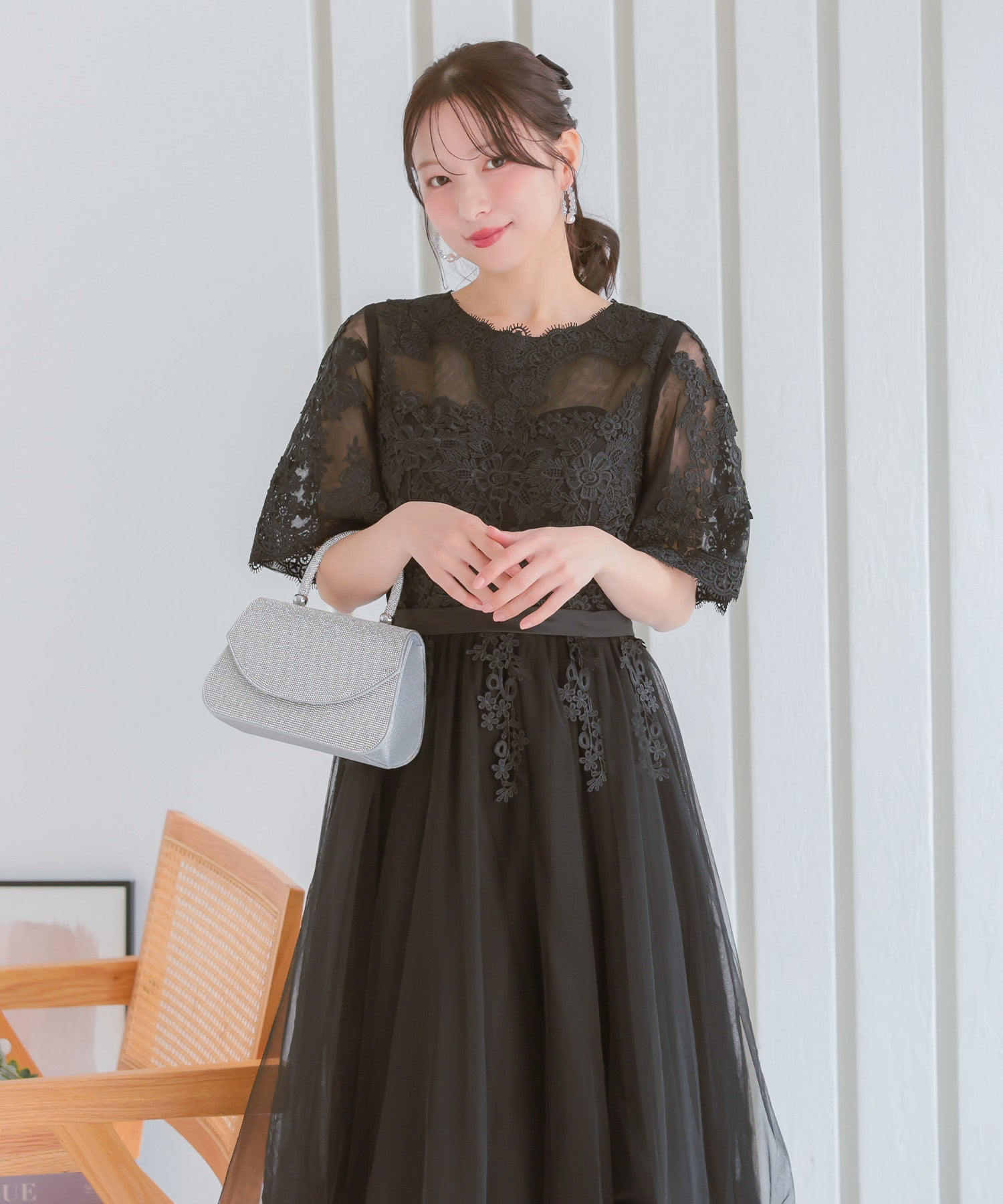 レティカ Retica 立体刺繍重ねチュール五分袖ミモレ丈ワンピースパーティードレス 大きいサイズ(ブラック) ブラック