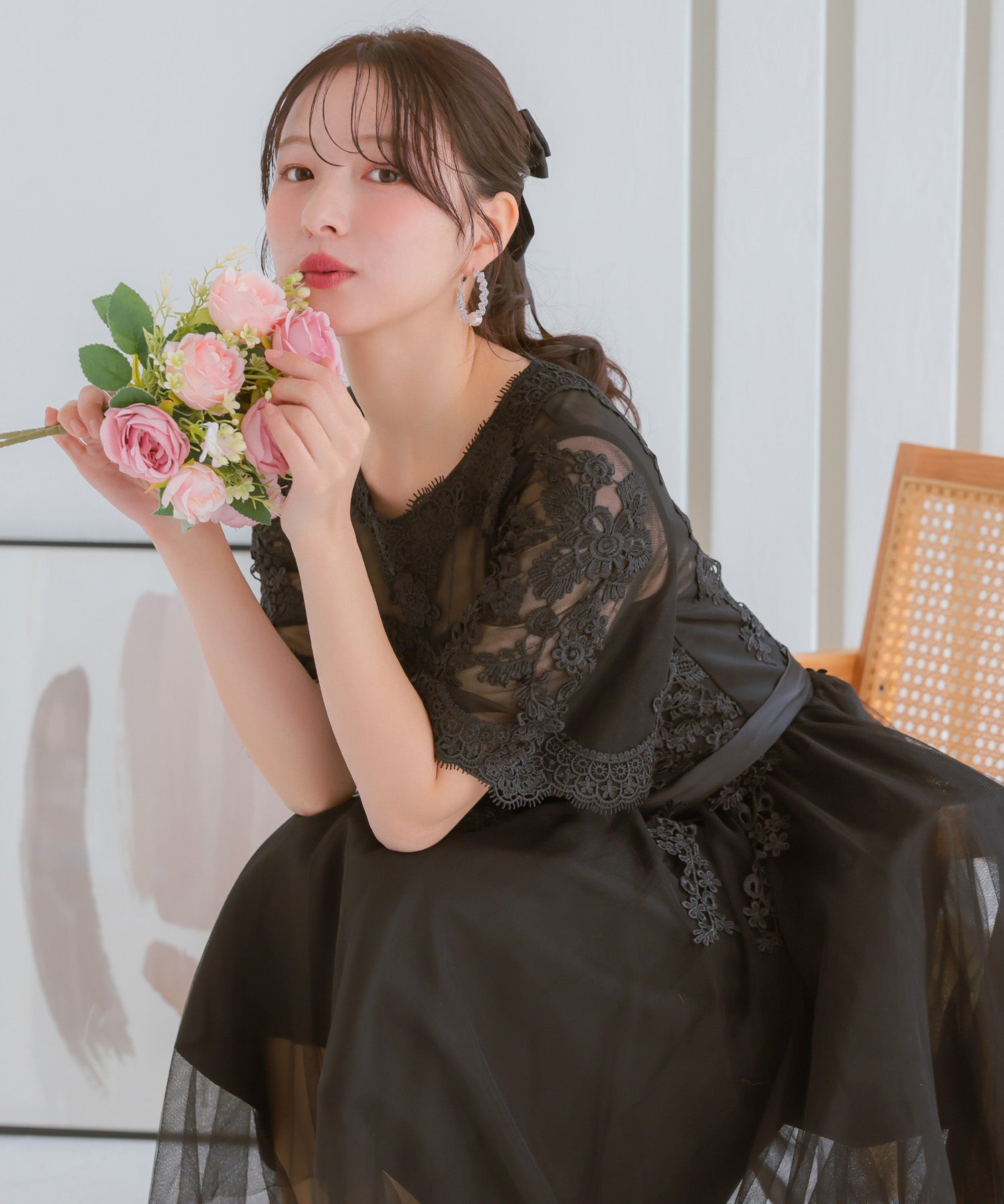 レティカ Retica 立体刺繍重ねチュール五分袖ミモレ丈ワンピースパーティードレス 大きいサイズ(ブラック) ブラック