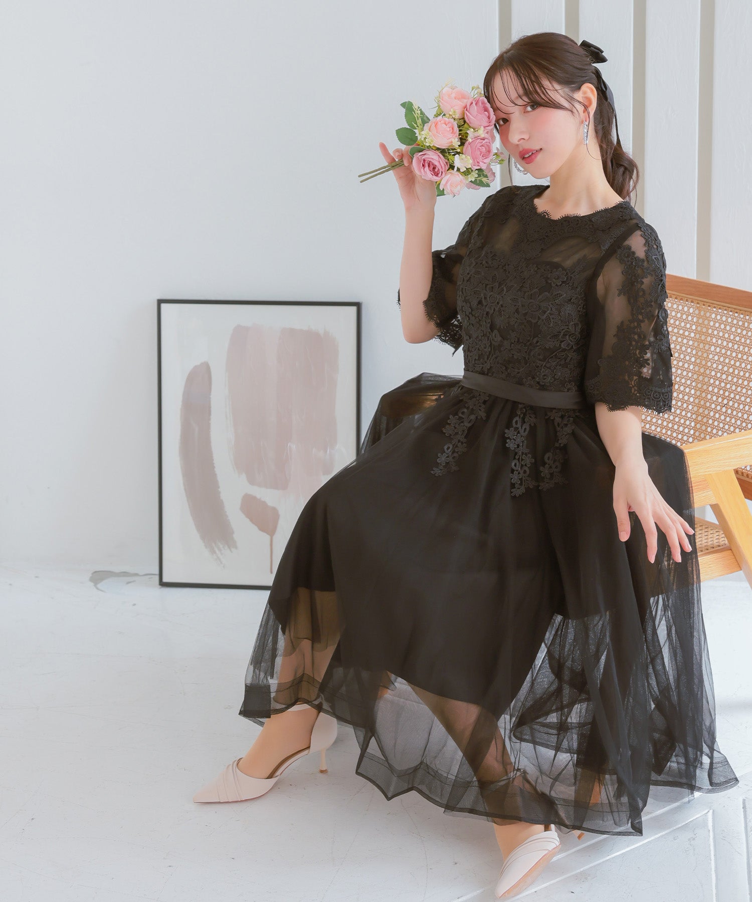 レティカ Retica 立体刺繍重ねチュール五分袖ミモレ丈ワンピースパーティードレス 大きいサイズ(ブラック) ブラック