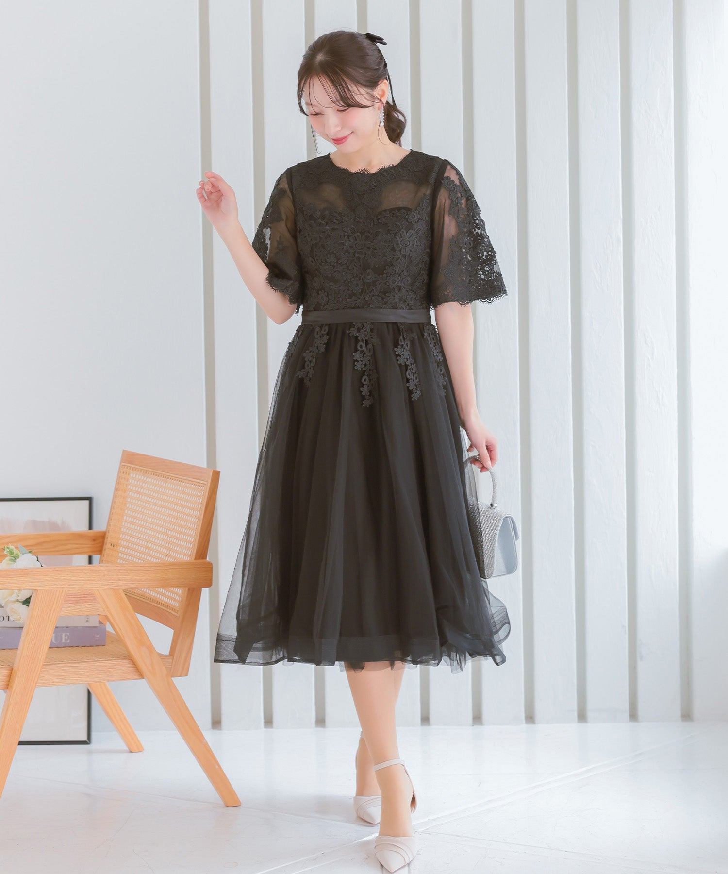 レティカ Retica 立体刺繍重ねチュール五分袖ミモレ丈ワンピースパーティードレス 大きいサイズ(ブラック) ブラック