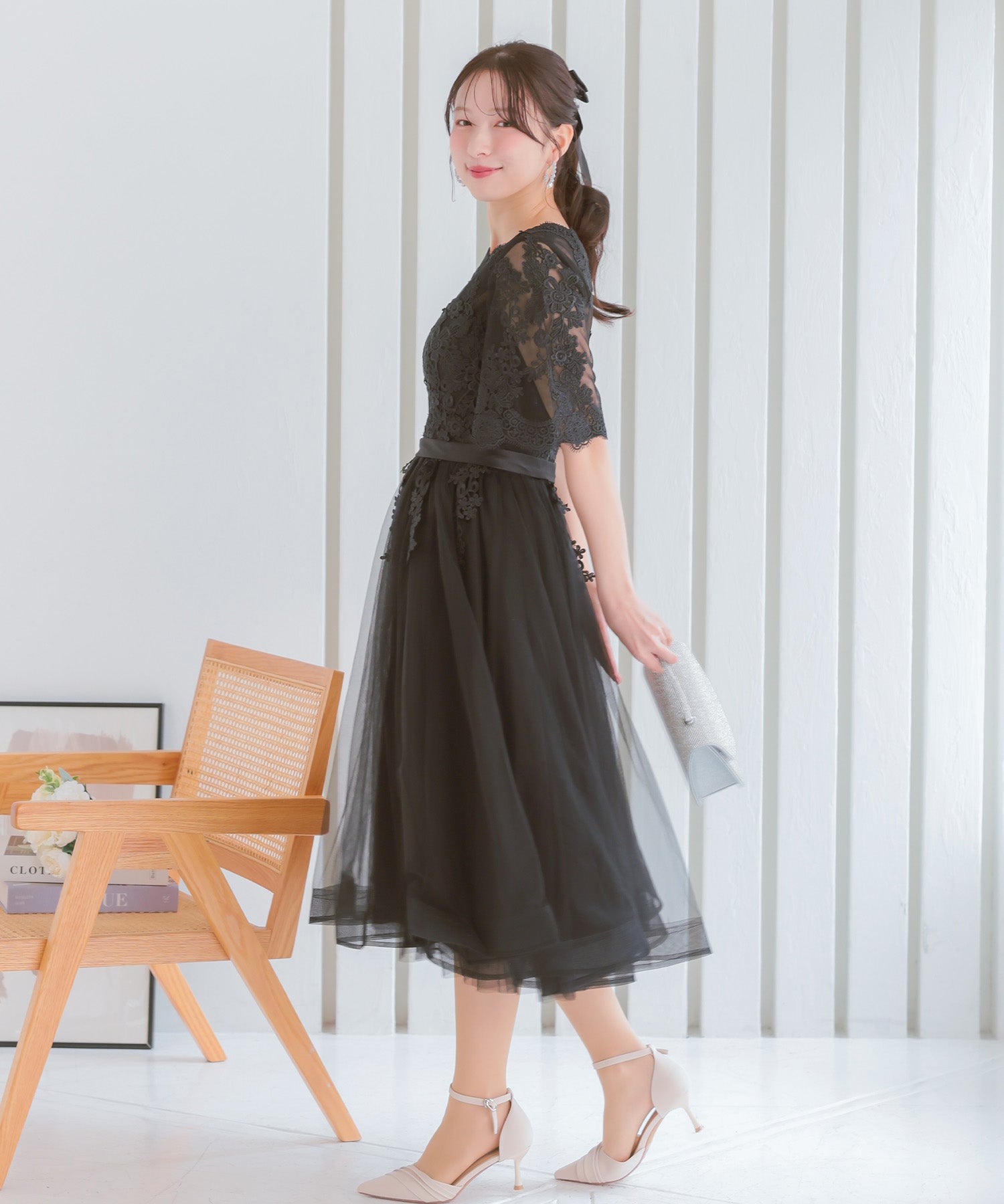 レティカ Retica 立体刺繍重ねチュール五分袖ミモレ丈ワンピースパーティードレス 大きいサイズ(ブラック) ブラック