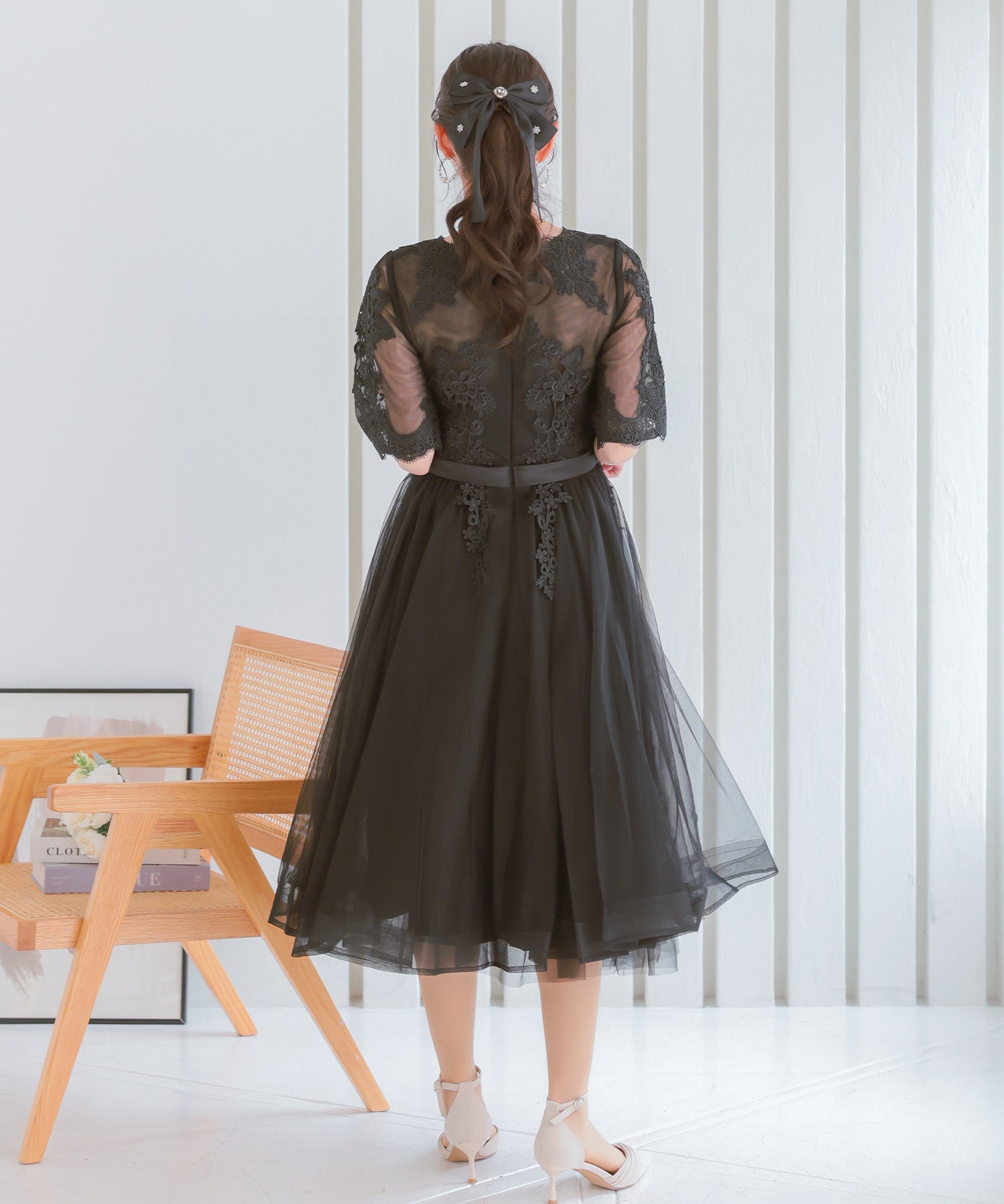 レティカ Retica 立体刺繍重ねチュール五分袖ミモレ丈ワンピースパーティードレス 大きいサイズ(ブラック) ブラック