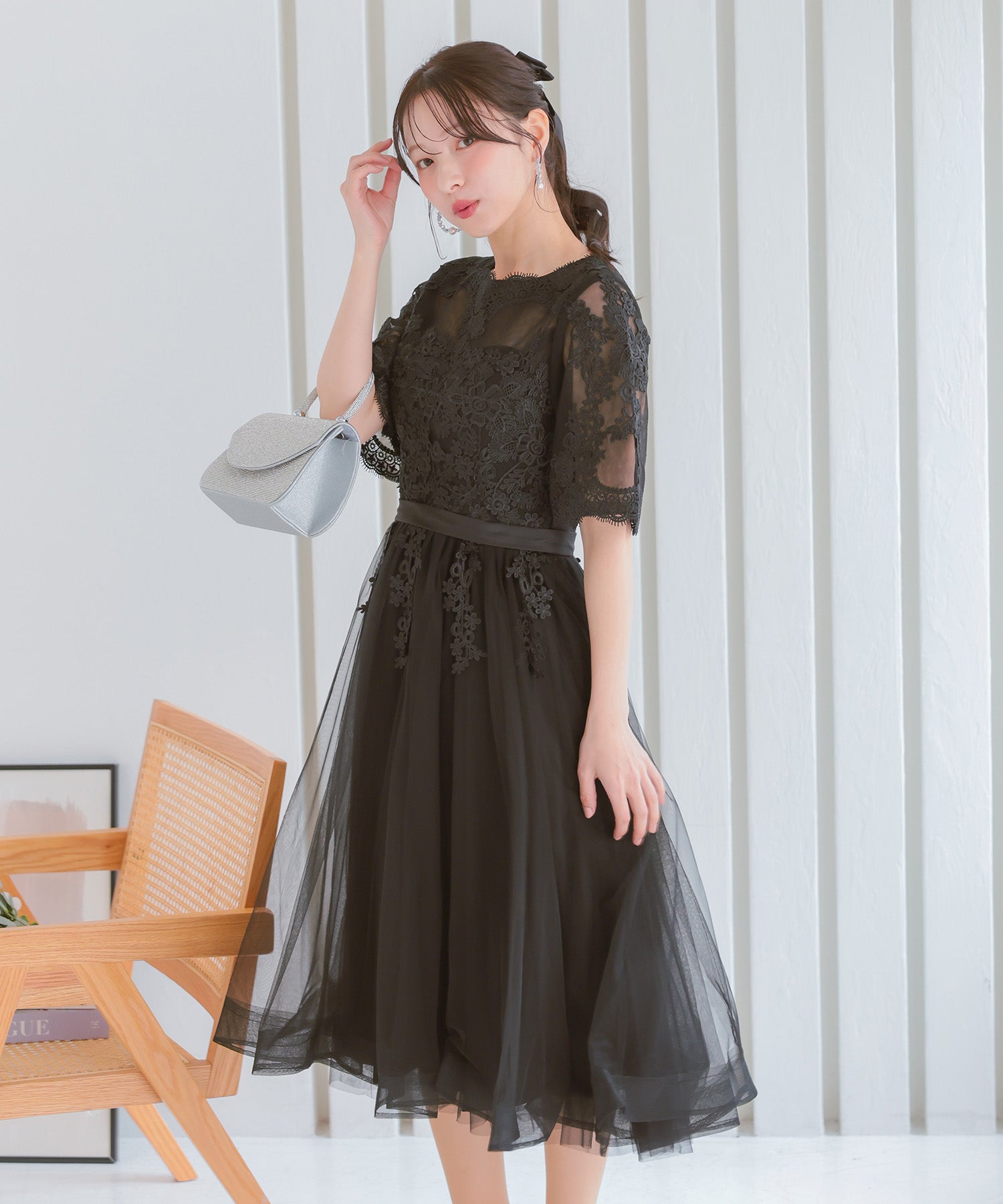 レティカ Retica 立体刺繍重ねチュール五分袖ミモレ丈ワンピースパーティードレス 大きいサイズ(ブラック) ブラック