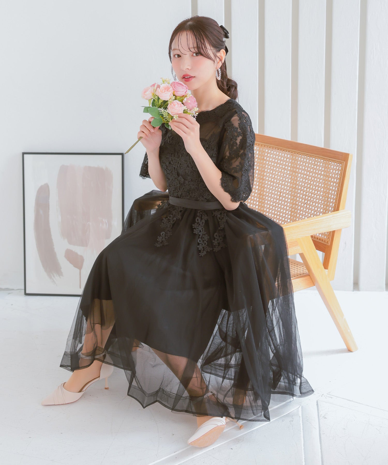 レティカ Retica 立体刺繍重ねチュール五分袖ミモレ丈ワンピースパーティードレス 大きいサイズ(ブラック) ブラック