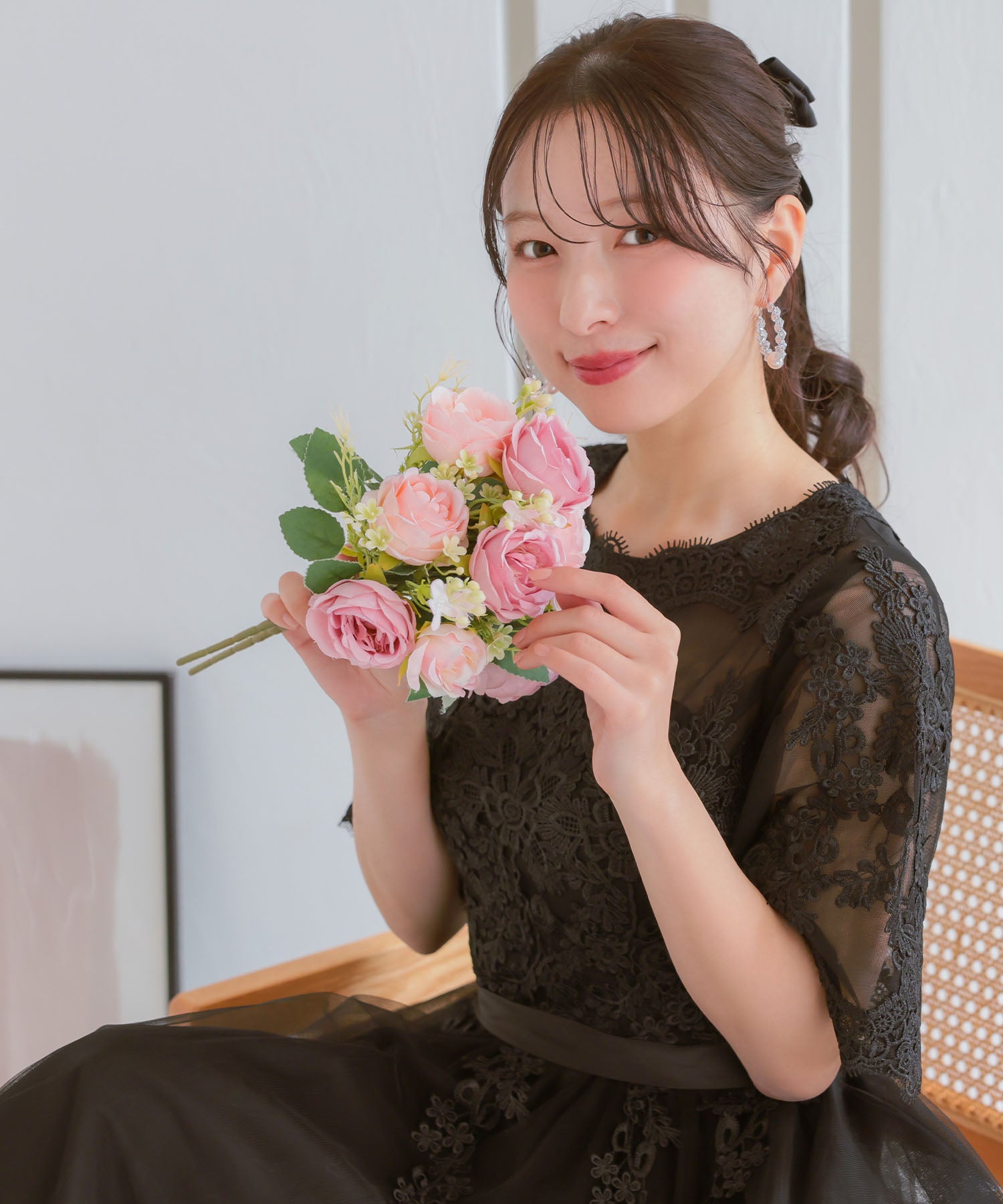 レティカ Retica 立体刺繍重ねチュール五分袖ミモレ丈ワンピースパーティードレス 大きいサイズ(ブラック) ブラック