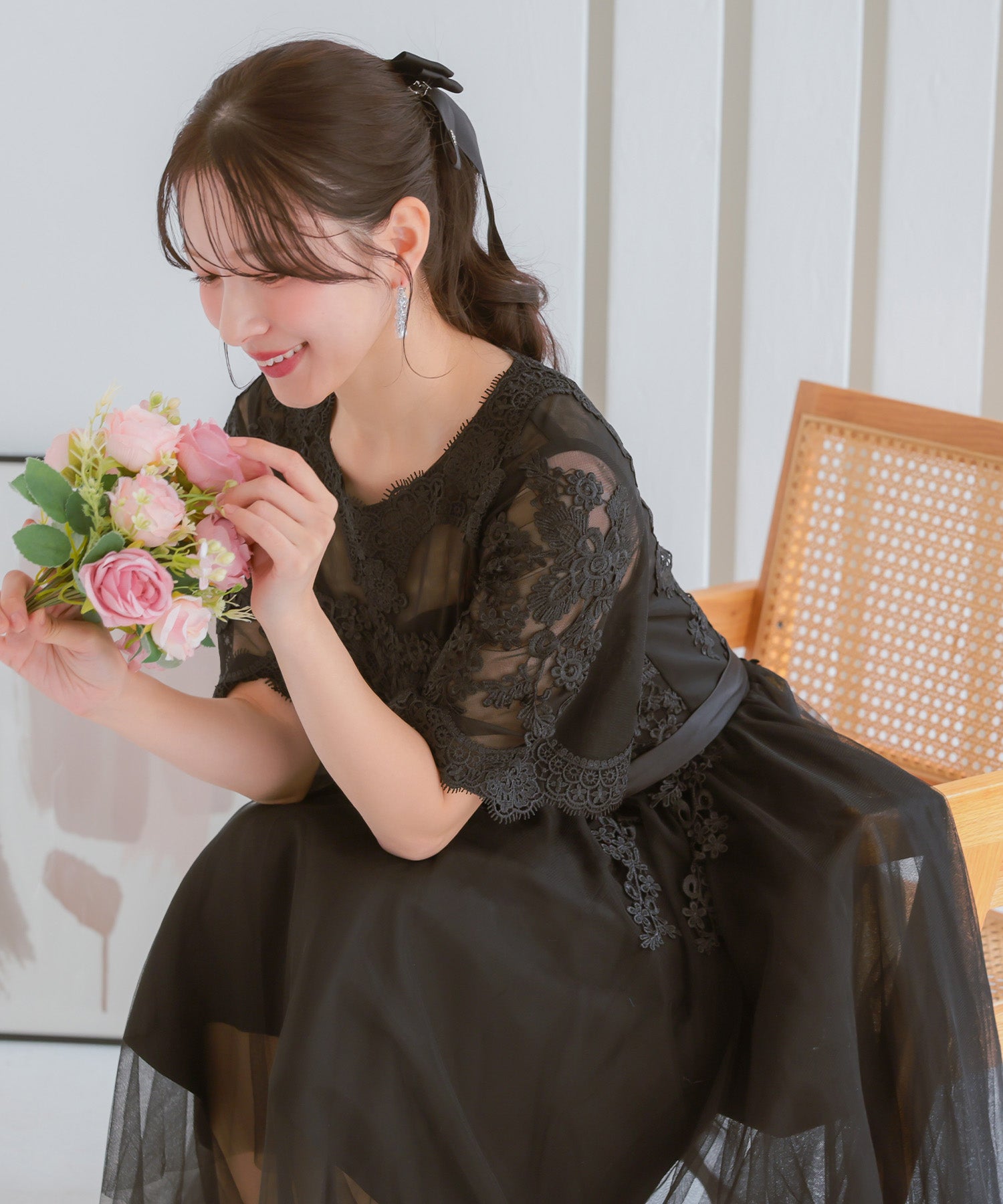 レティカ Retica 立体刺繍重ねチュール五分袖ミモレ丈ワンピースパーティードレス 大きいサイズ(ブラック) ブラック