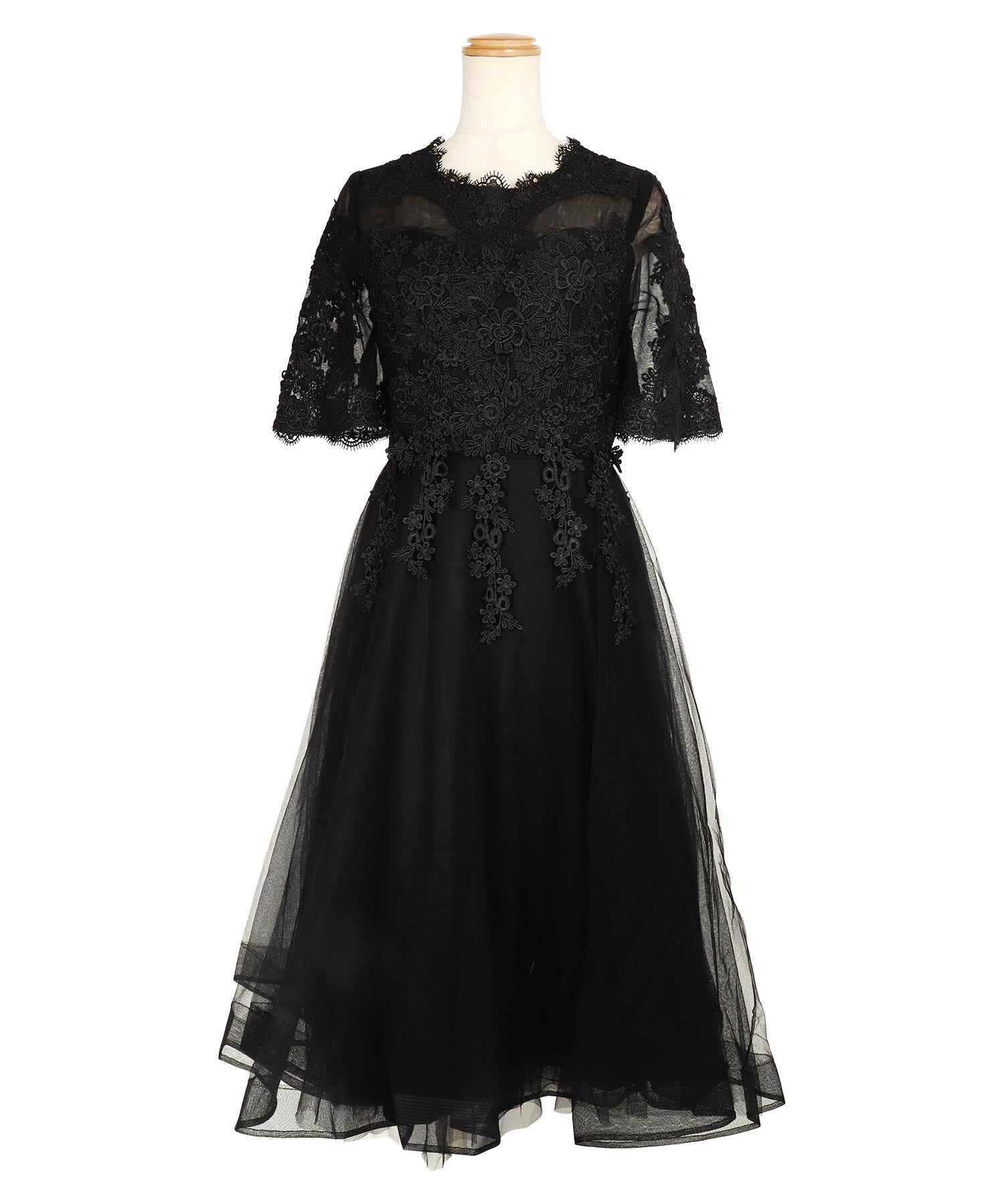 レティカ Retica 立体刺繍重ねチュール五分袖ミモレ丈ワンピースパーティードレス 大きいサイズ(ブラック) ブラック