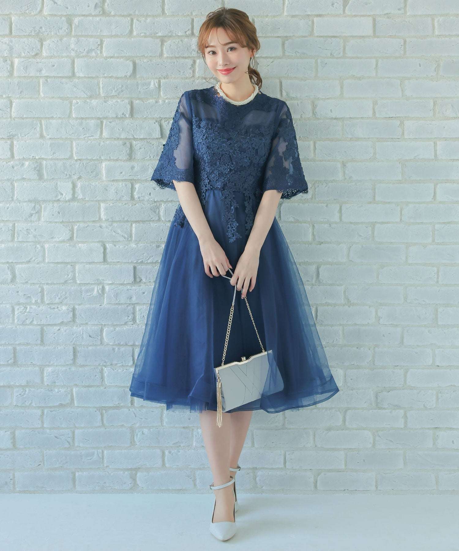 Retica 3D Embroidered Layered Tulle 5/8 Sleeve Midi Length Party Dress Plus Size