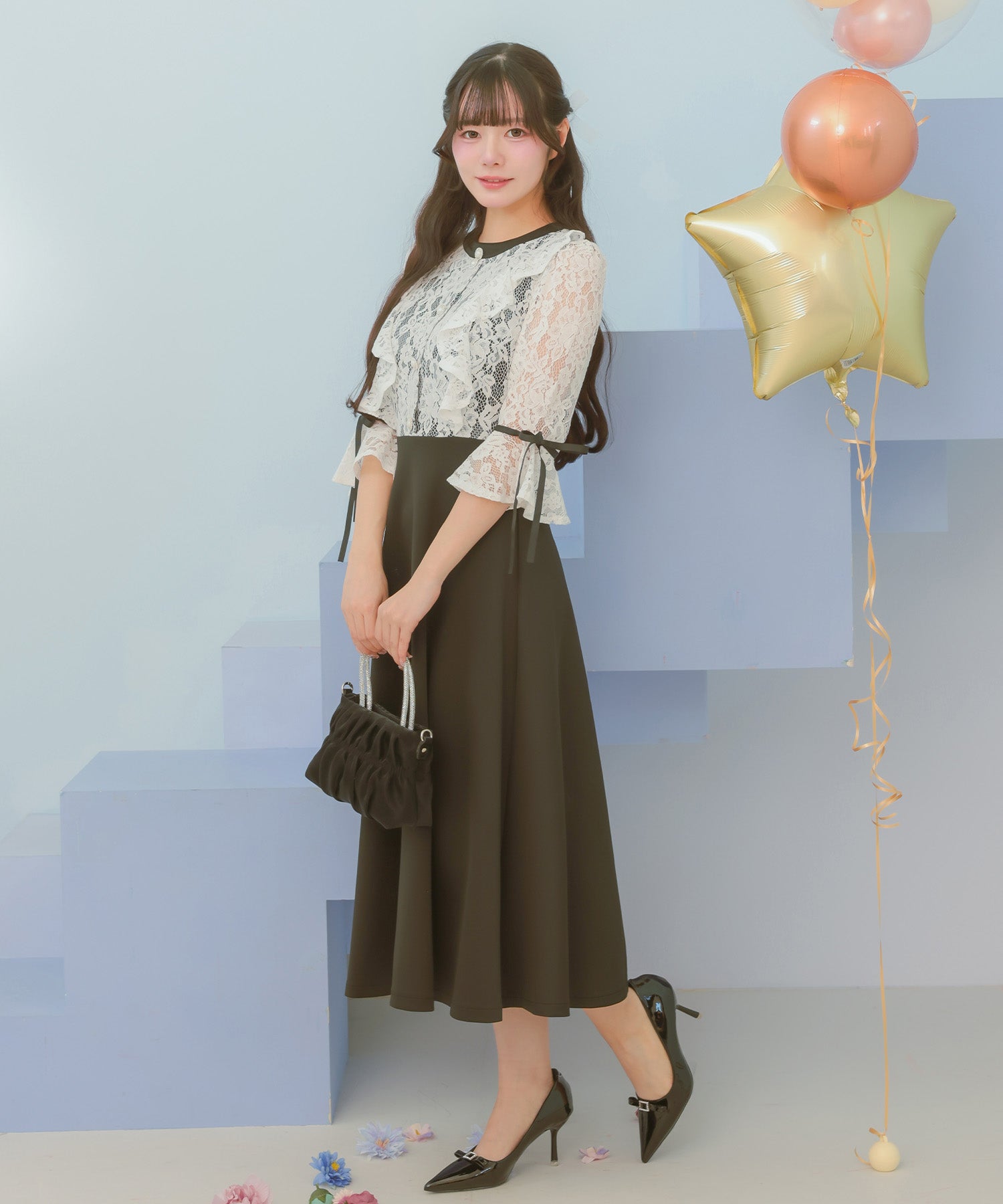 Retica Party Dress Flower Lace Three-Quarter Sleeve Bell Sleeve Ribbon Switch Flare Long Dress Wedding Large Size 20s 30s Retica Party Dress Flower Lace Three-Quarter Sleeve Bell Sleeve Ribbon Switch Flare Long Dress Wedding Large Size 20s 30s