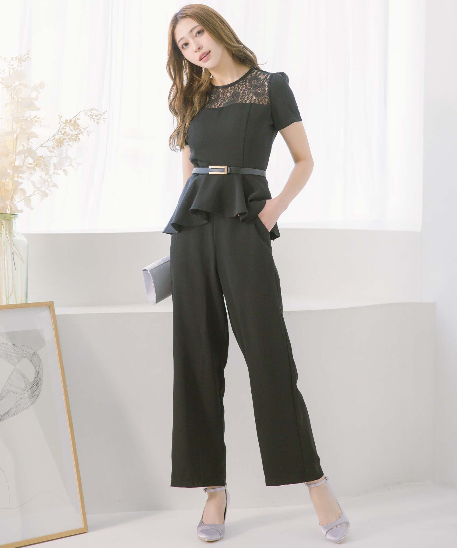 レティカ Retica 派對禮服 襯肩蕾絲拼接 配有腰帶的 peplum 上衣 石板色褲子 套裝 婚禮 禮服 大尺碼 20代 30代 40代