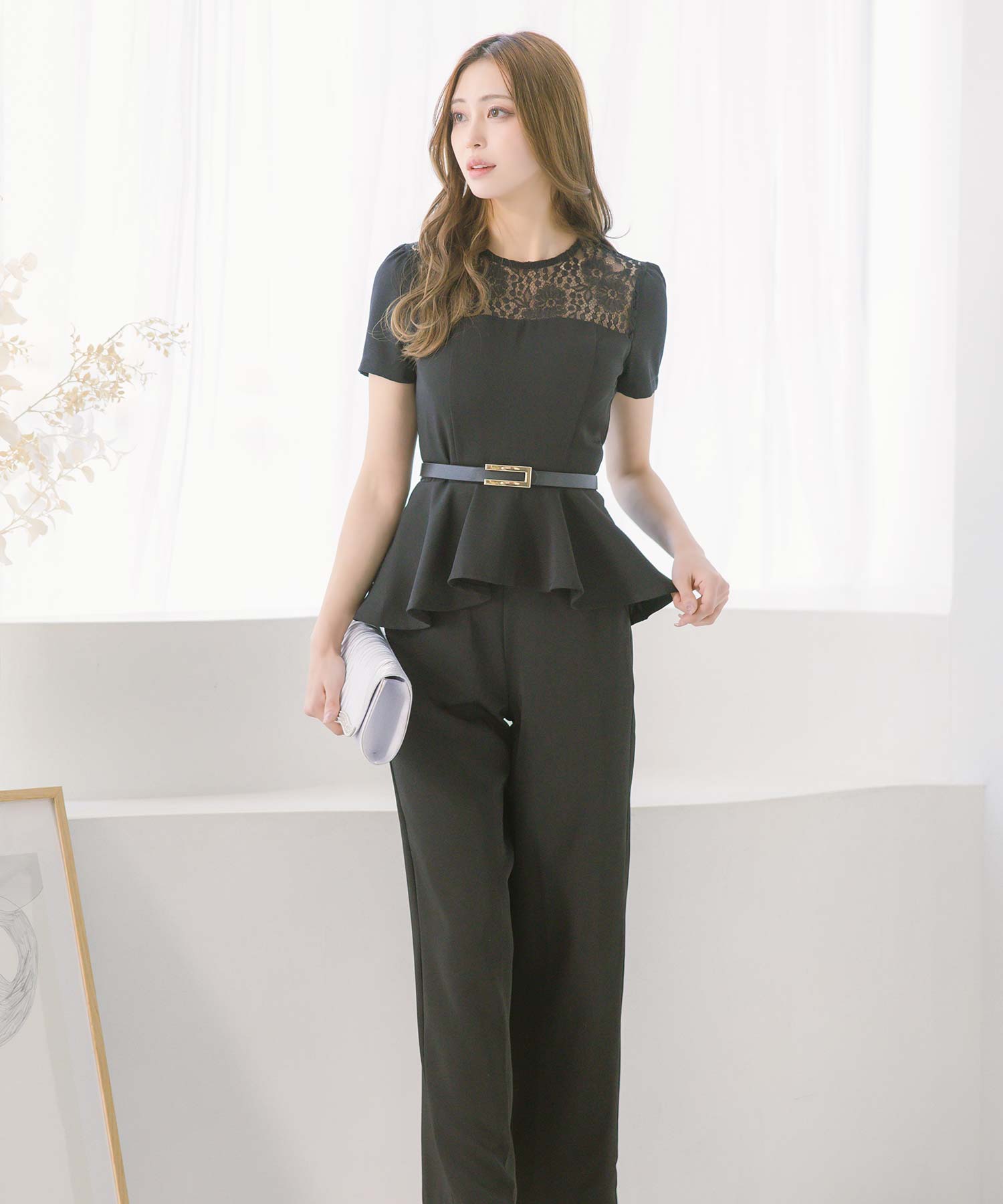 レティカ Retica 派對禮服 襯肩蕾絲拼接 配有腰帶的 peplum 上衣 石板色褲子 套裝 婚禮 禮服 大尺碼 20代 30代 40代
