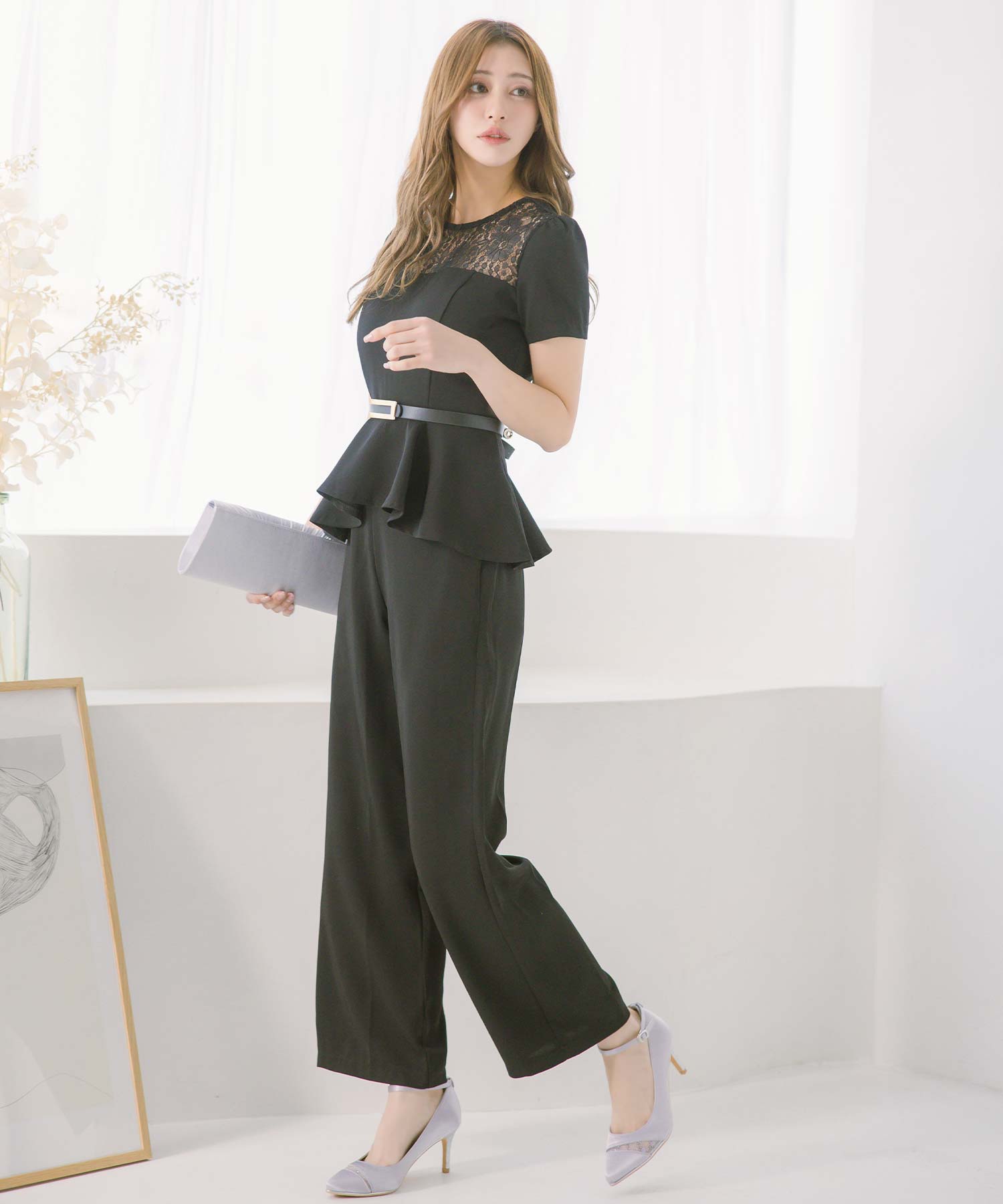 レティカ Retica 派對禮服 襯肩蕾絲拼接 配有腰帶的 peplum 上衣 石板色褲子 套裝 婚禮 禮服 大尺碼 20代 30代 40代