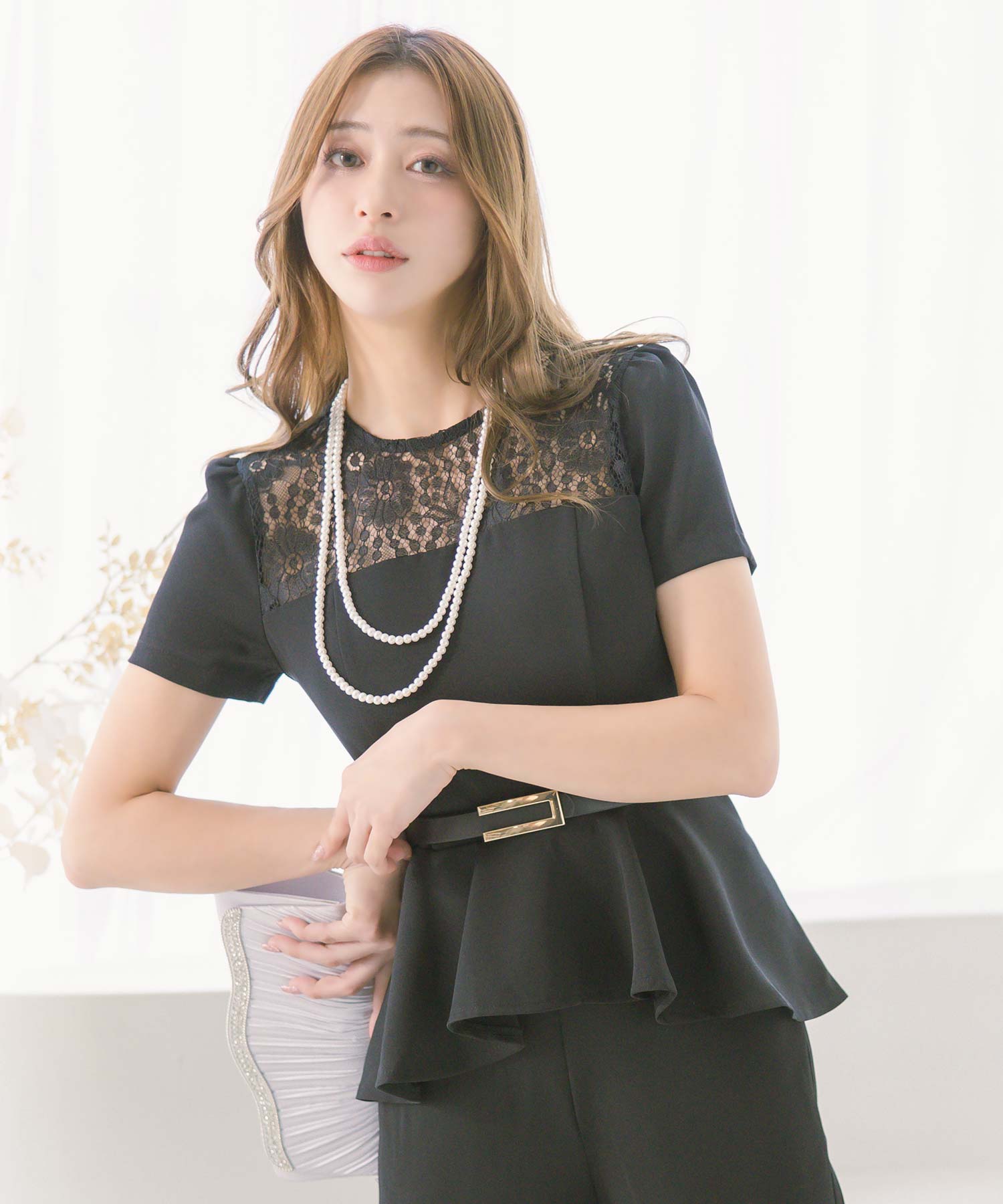 レティカ Retica 派對禮服 襯肩蕾絲拼接 配有腰帶的 peplum 上衣 石板色褲子 套裝 婚禮 禮服 大尺碼 20代 30代 40代