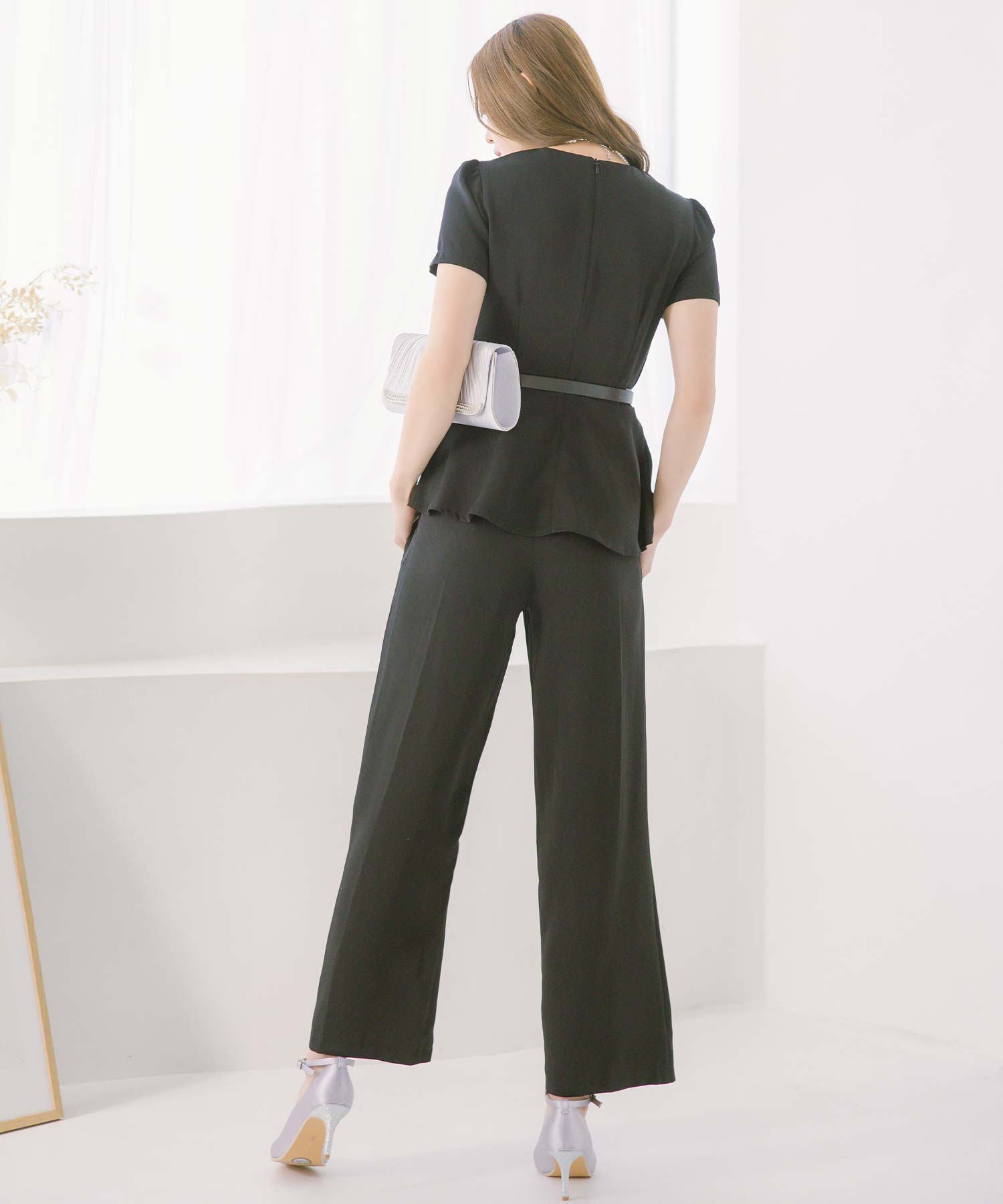 レティカ Retica 派對禮服 襯肩蕾絲拼接 配有腰帶的 peplum 上衣 石板色褲子 套裝 婚禮 禮服 大尺碼 20代 30代 40代