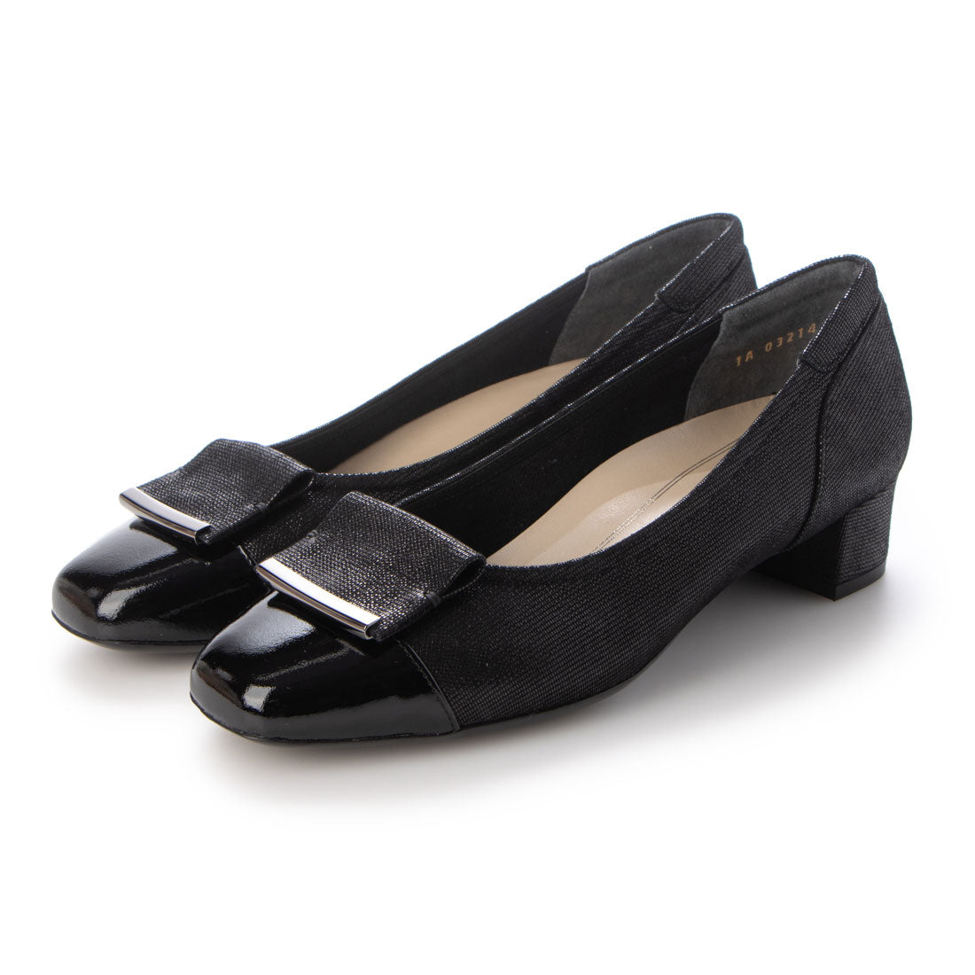 リズ ラフィーネ Riz raffinee 【3E】ローヒールスクエアパンプス,ブラックメタリック