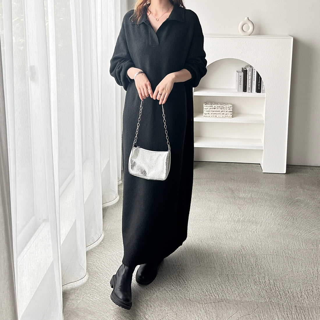 ジーラ GeeRA スキッパーゆるニットワンピース (ブラック) ブラック