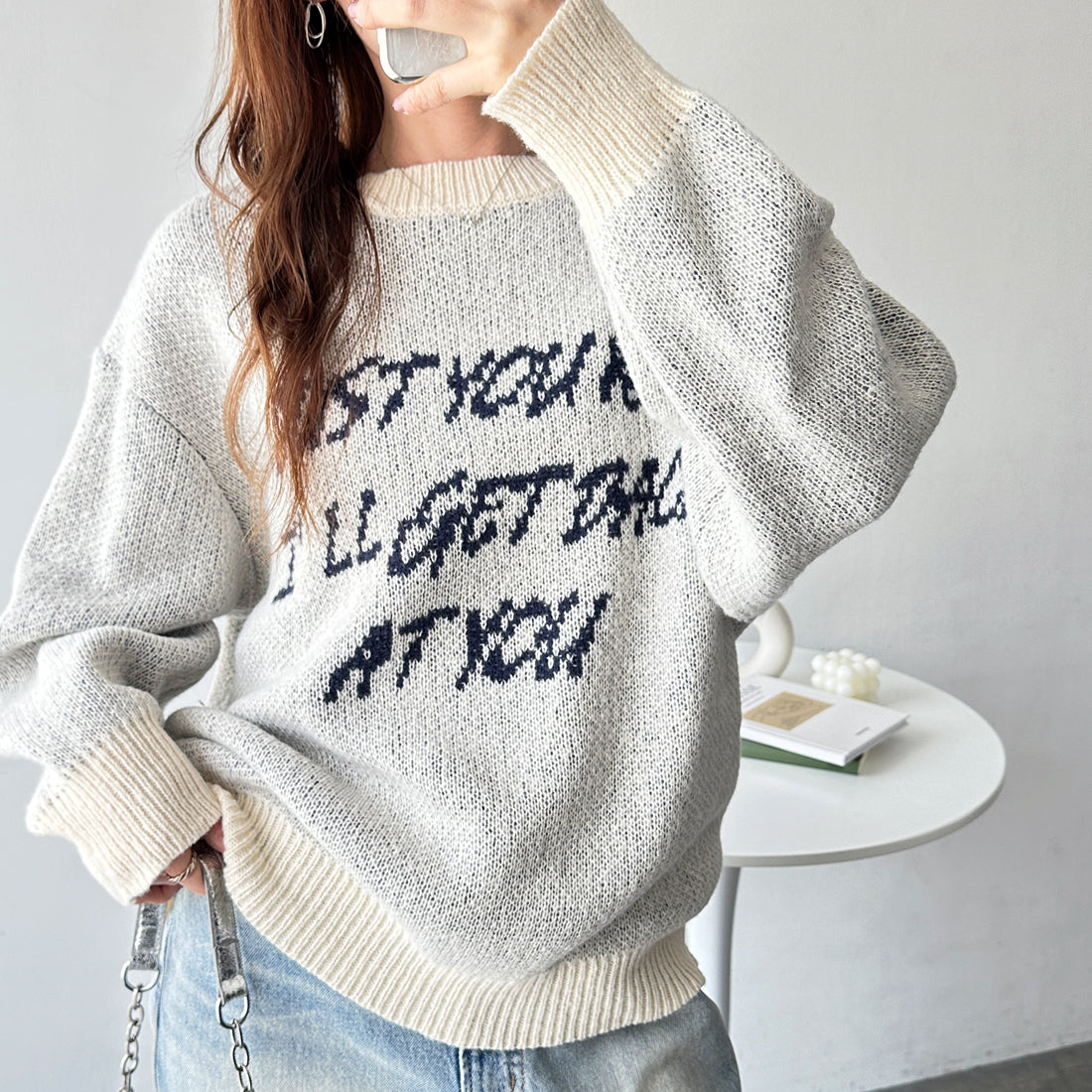 ジーラ GeeRA あったかモヘアライク素材!ジャガードニットトップス (グレー) グレー