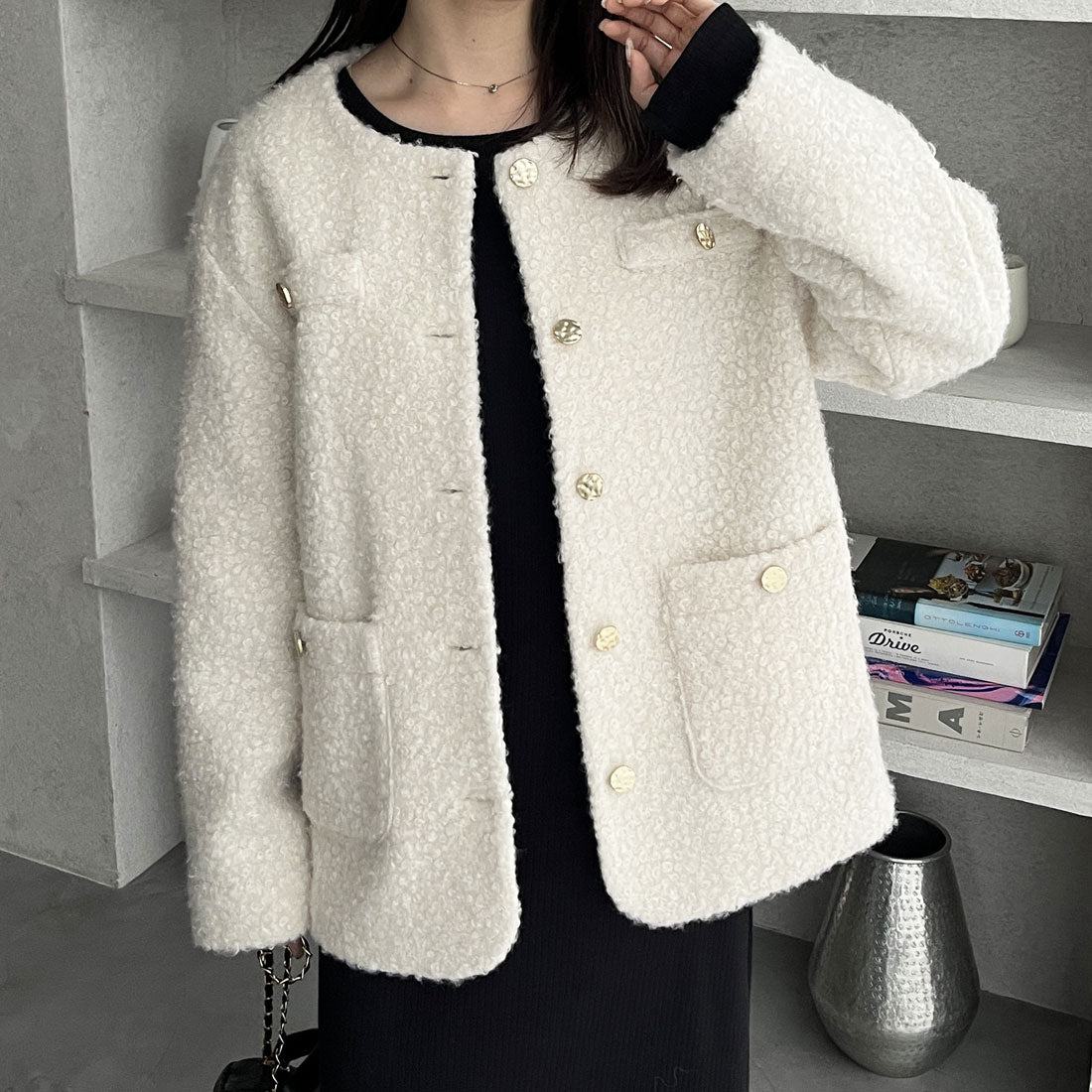 ジーラ GeeRA プードル起毛リングウールライク金ボタンノーカラージャケットコートアウター (アイボリー) アイボリー