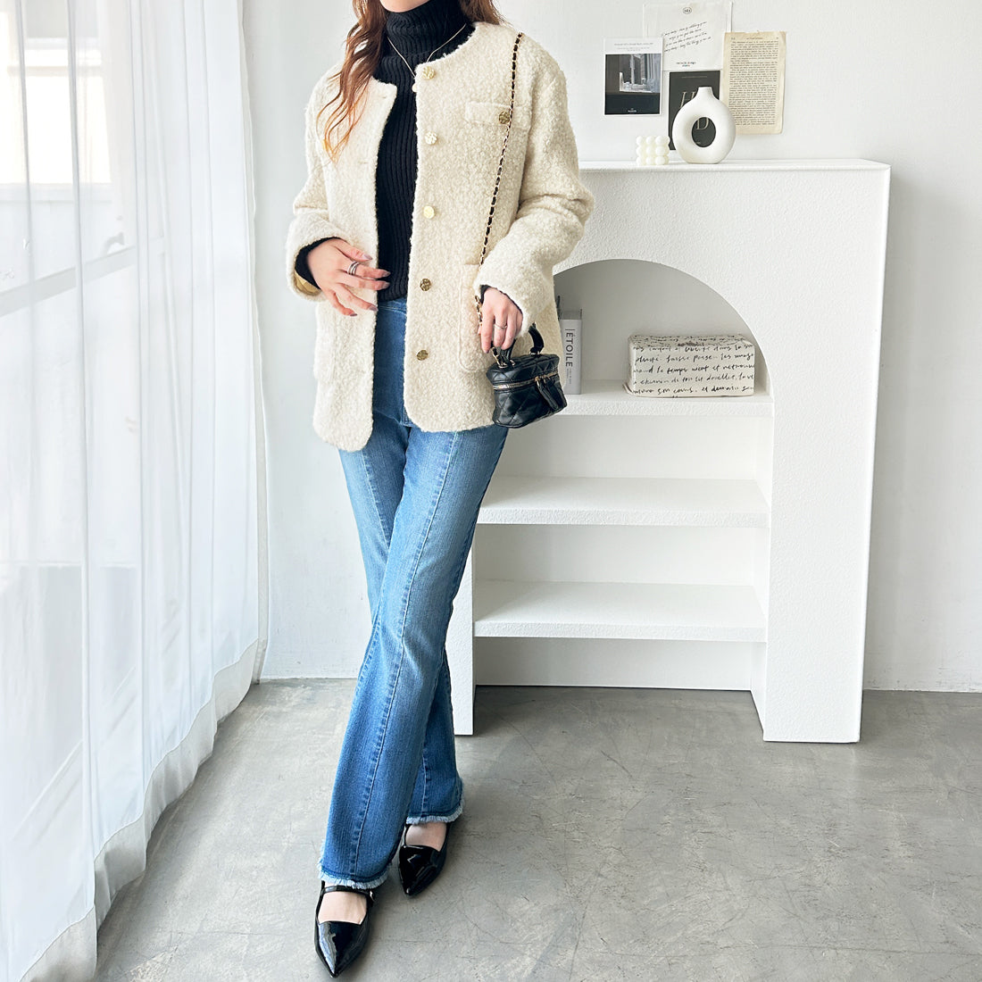 ジーラ GeeRA プードル起毛リングウールライク金ボタンノーカラージャケットコートアウター (アイボリー) アイボリー