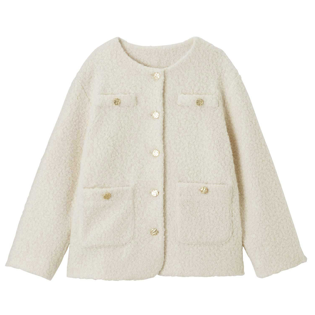 ジーラ GeeRA プードル起毛リングウールライク金ボタンノーカラージャケットコートアウター (アイボリー) アイボリー
