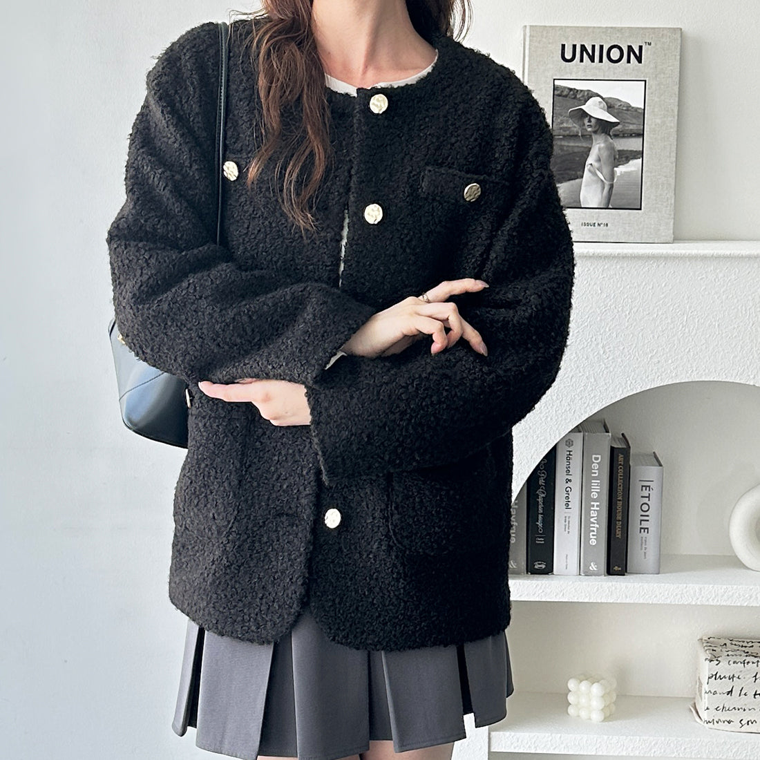 ジーラ GeeRA プードル起毛リングウールライク金ボタンノーカラージャケットコートアウター (ブラック) ブラック