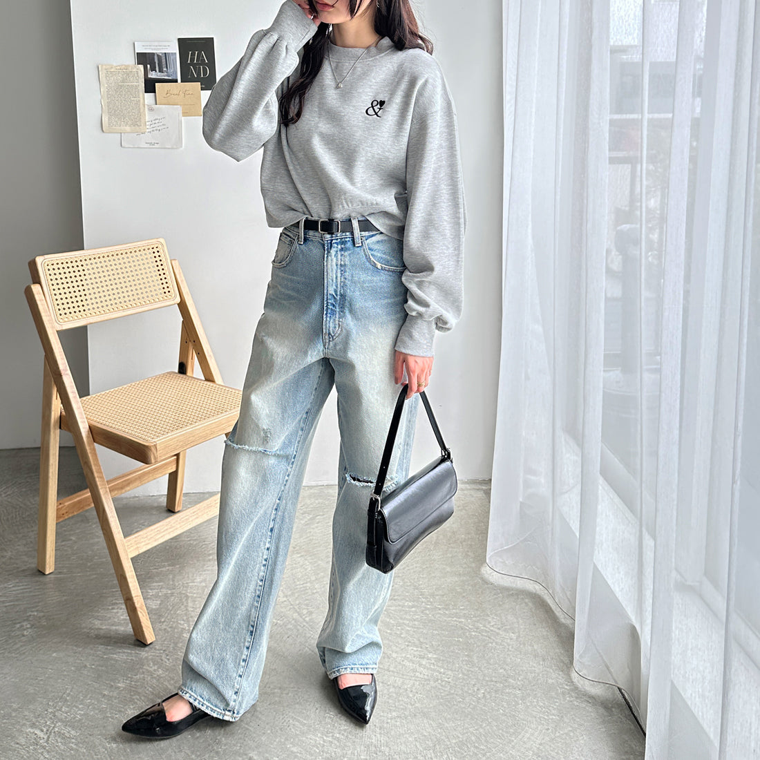 ジーラ GeeRA 裏起毛ワンポイント刺繍スウェットトップス (杢グレー) 杢グレー