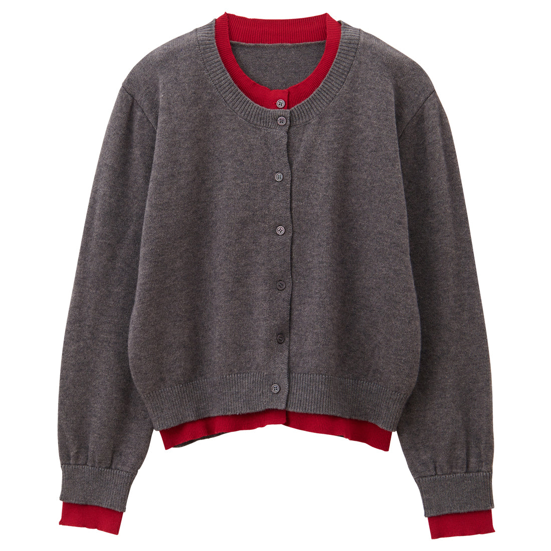 ジーラ GeeRA フェイクレイヤードクルーネックカーデ (チャコール×レッド) チャコール×レッド