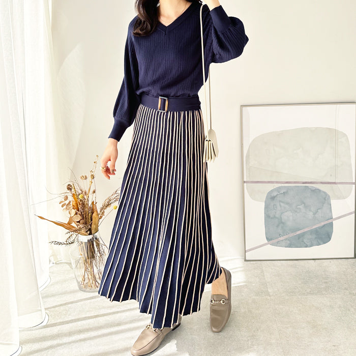 ジーラ GeeRA 前後2WAYプリーツニットワンピース (ネイビー) ネイビー