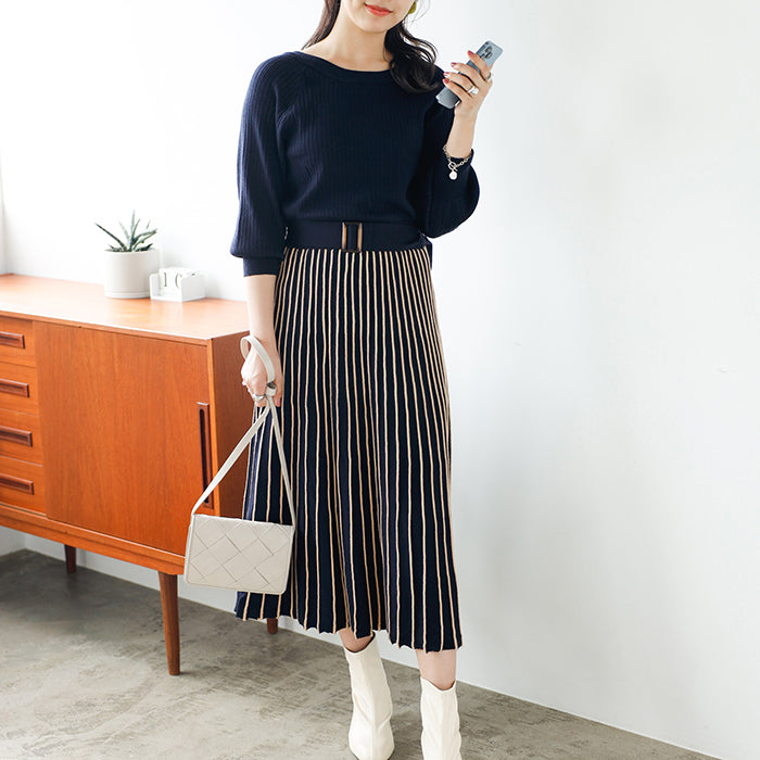 ジーラ GeeRA 前後2WAYプリーツニットワンピース (ネイビー) ネイビー