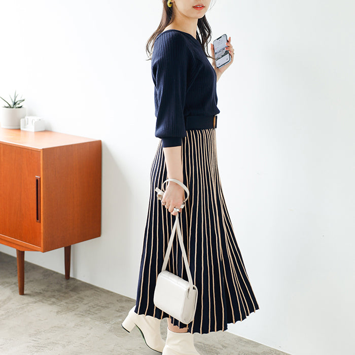 ジーラ GeeRA 前後2WAYプリーツニットワンピース (ネイビー) ネイビー